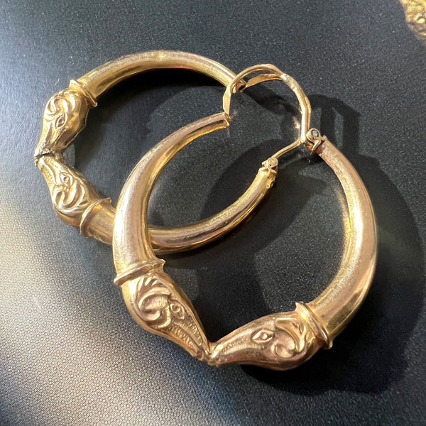 Antique 18K gold ram head hoop earrings