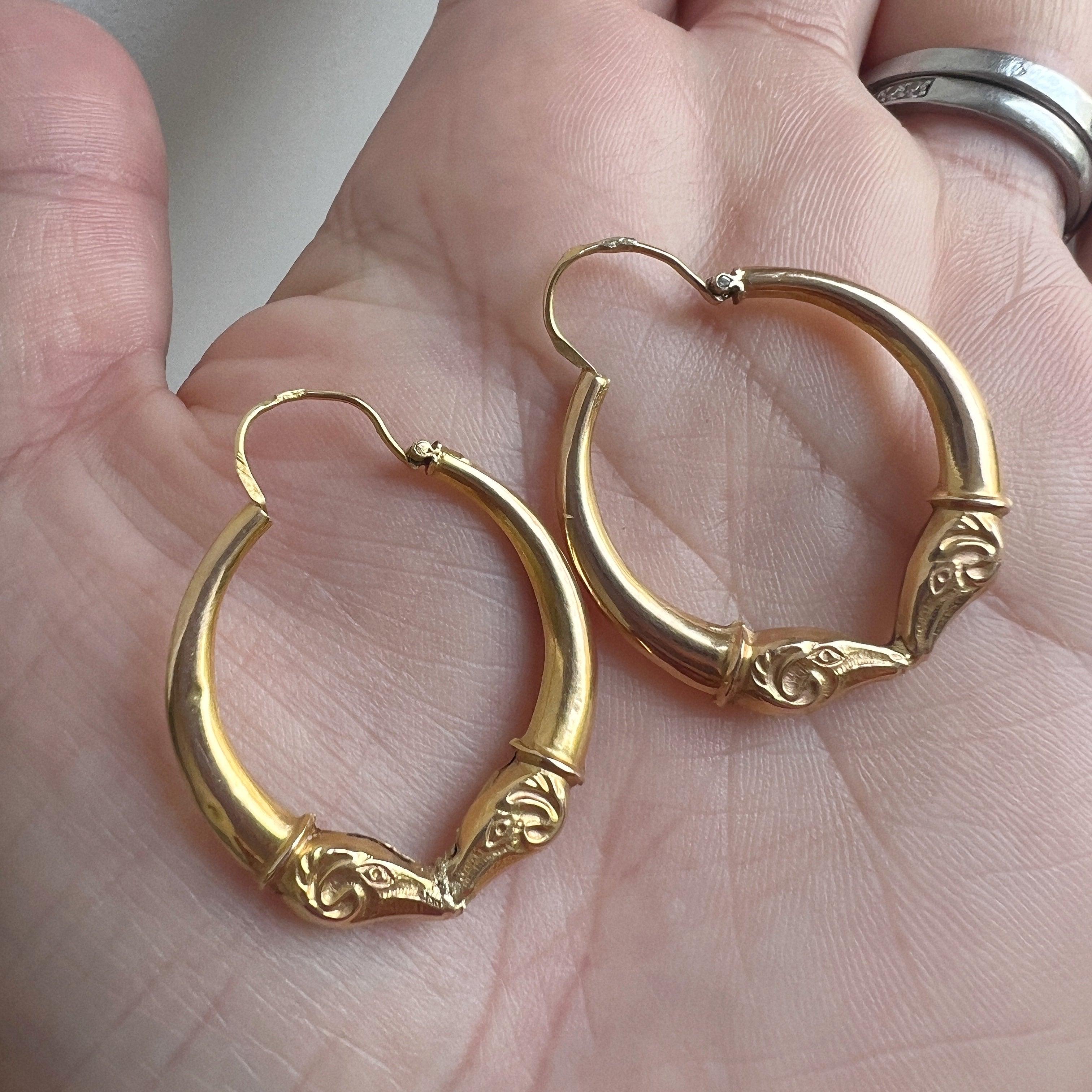 Antique 18K gold ram head hoop earrings - Curiously timeless