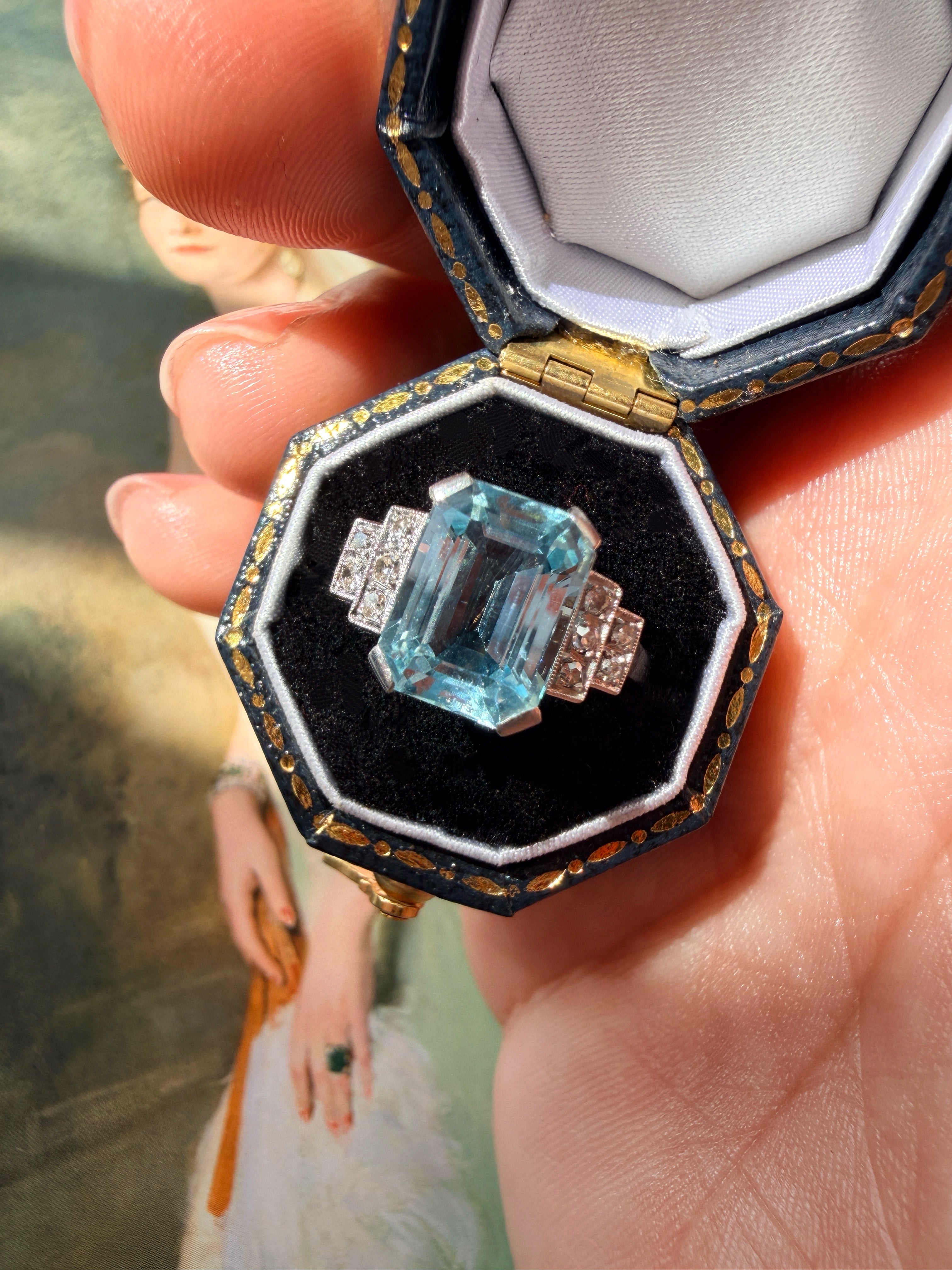 French Art Deco Aquamarine, Diamond, Platinum & 18K White Gold Ring