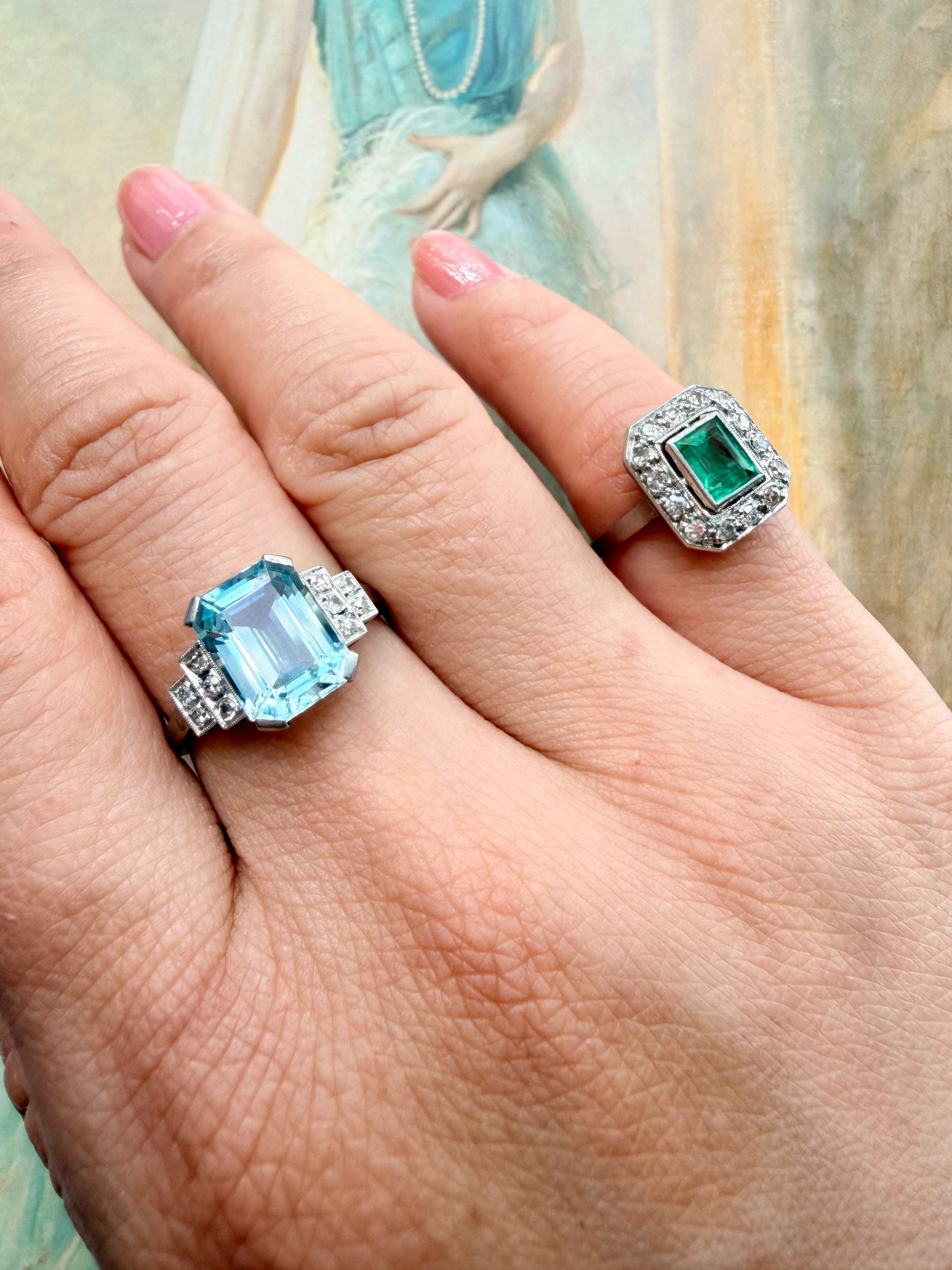 French Art Deco Aquamarine, Diamond, Platinum & 18K White Gold Ring