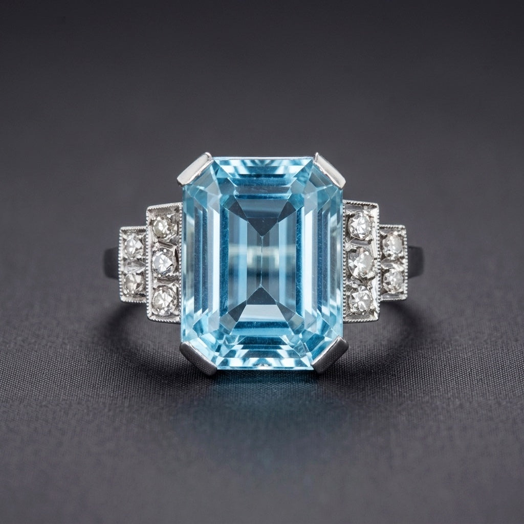 French Art Deco Aquamarine, Diamond, Platinum & 18K White Gold Ring