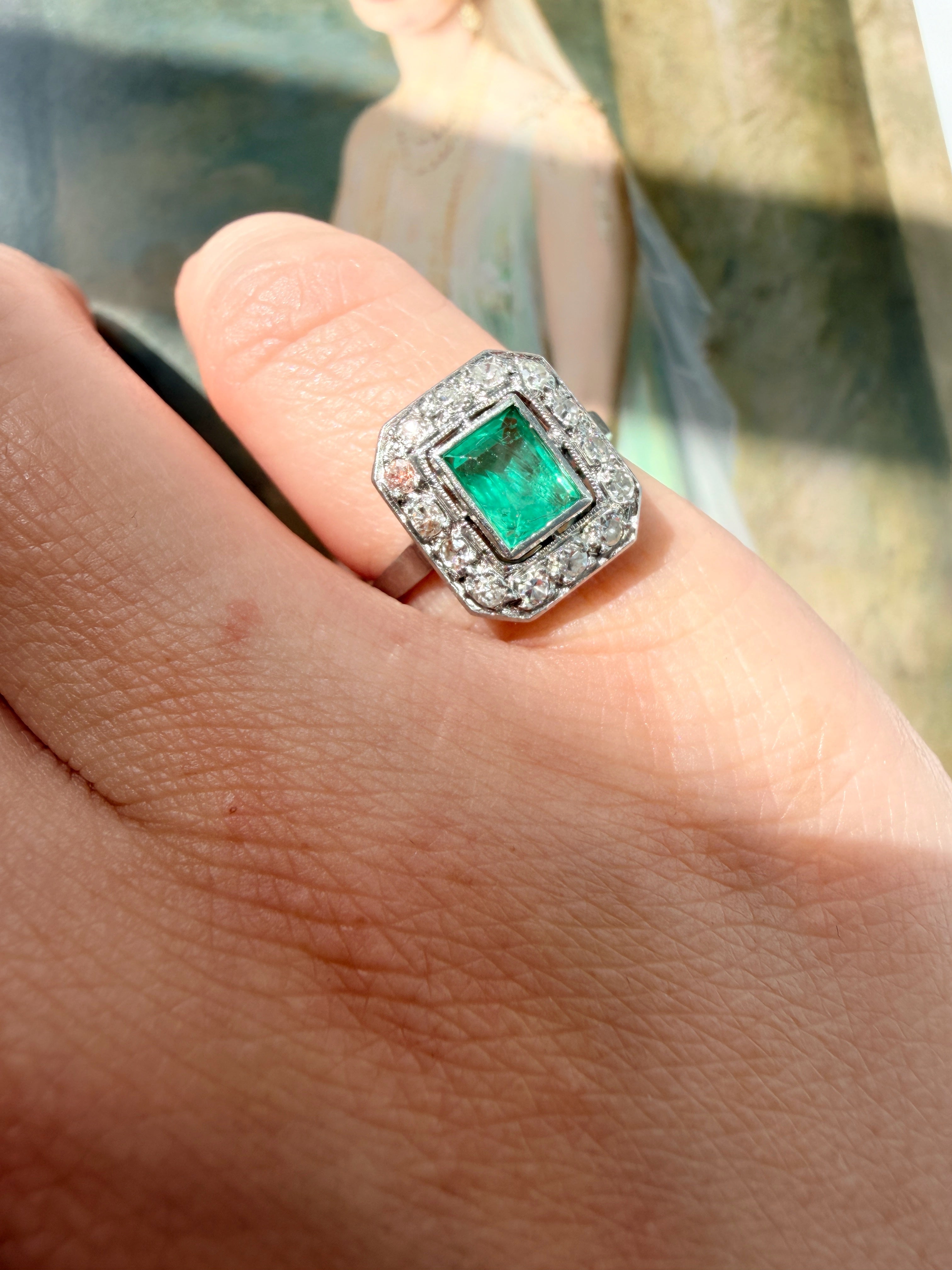 French Art Deco Emerald Diamond Platinum Ring