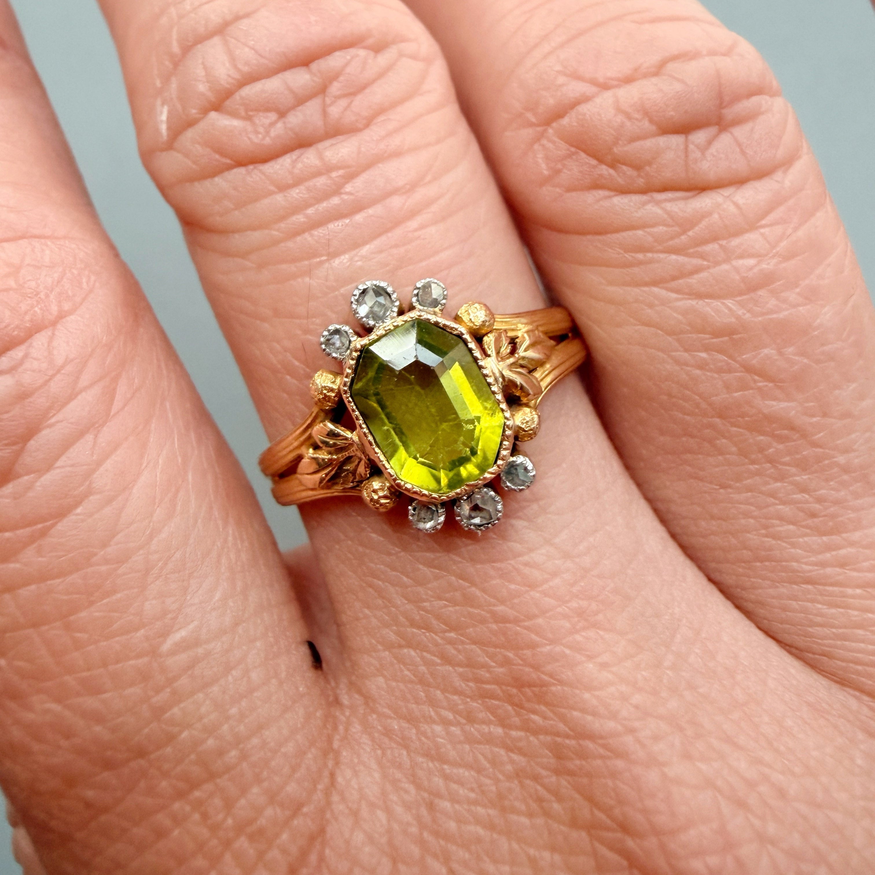 Victorian era 18K gold peridot diamond ring