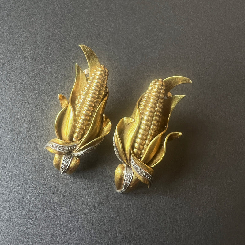 Vintage 18K gold ears of corn clip earrings