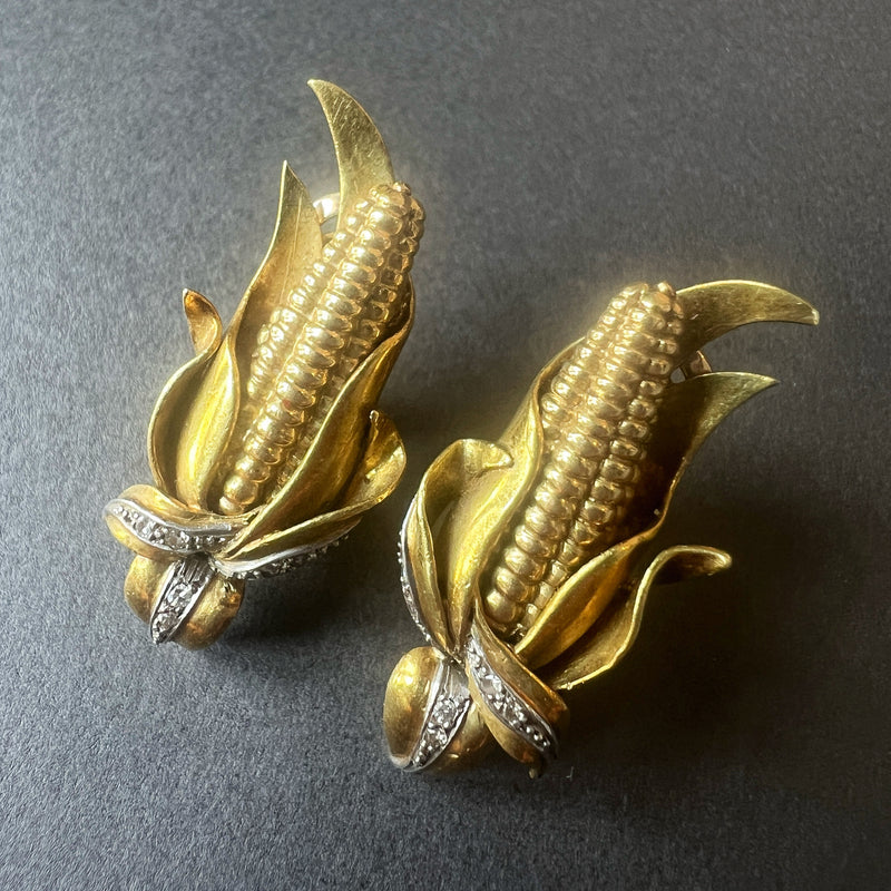 Vintage 18K gold ears of corn clip earrings