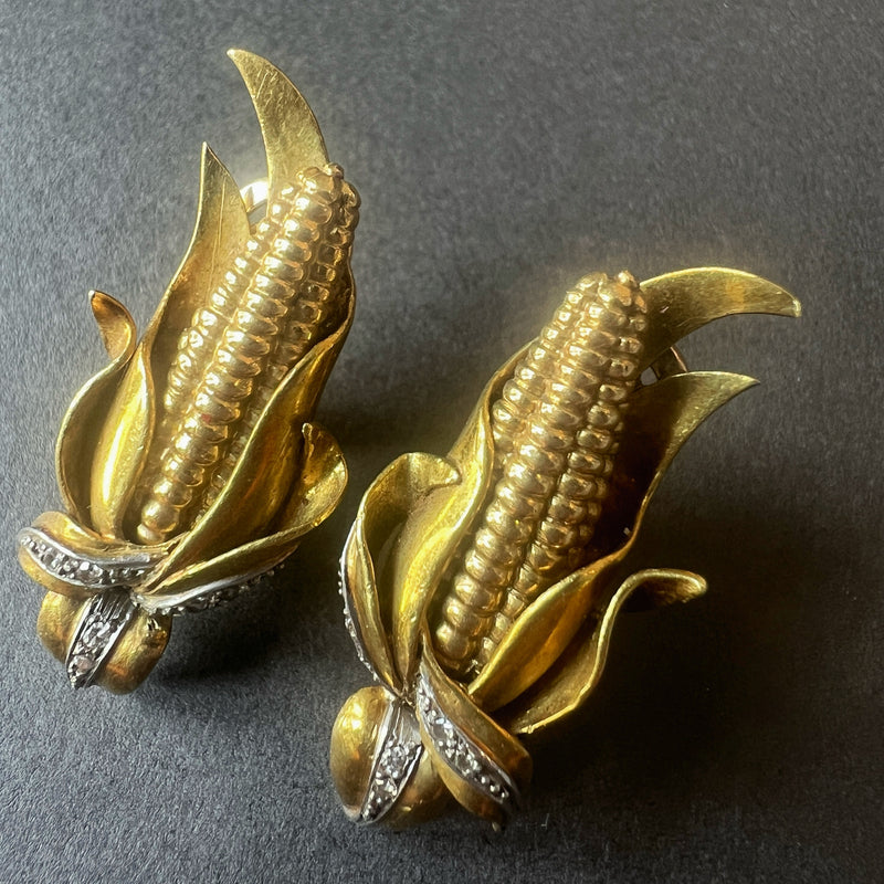 Vintage 18K gold ears of corn clip earrings