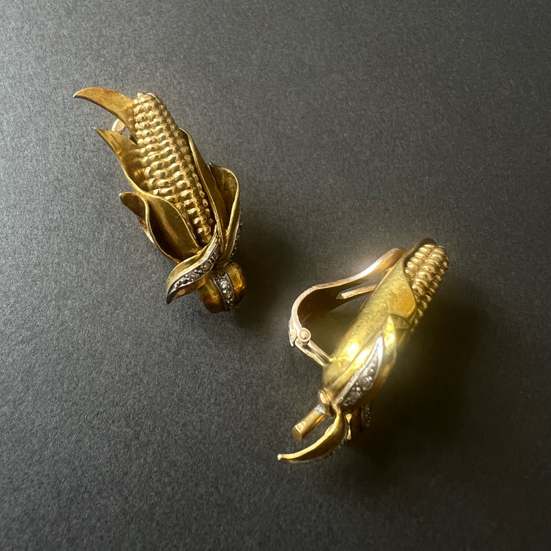 Vintage 18K gold ears of corn clip earrings