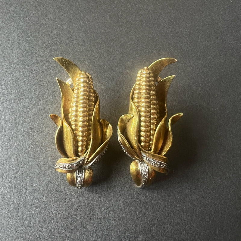 Vintage 18K gold ears of corn clip earrings