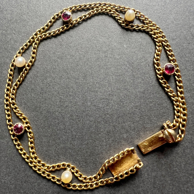 Victorian era 18K gold ruby pearl link bracelet