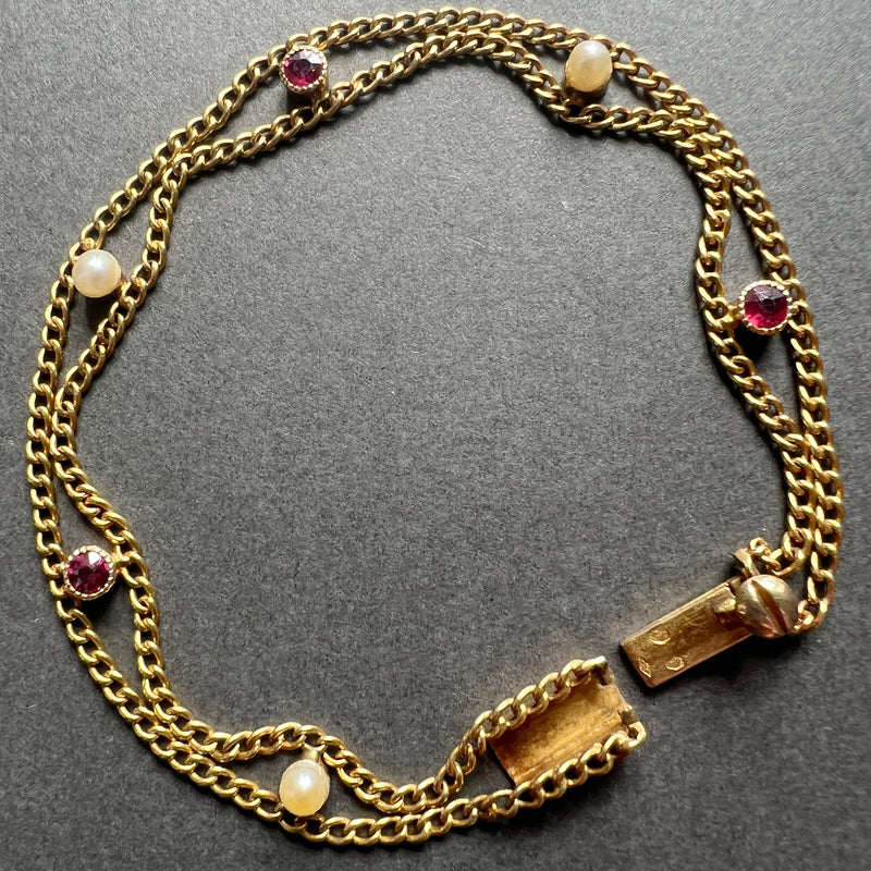 Victorian era 18K gold ruby pearl link bracelet