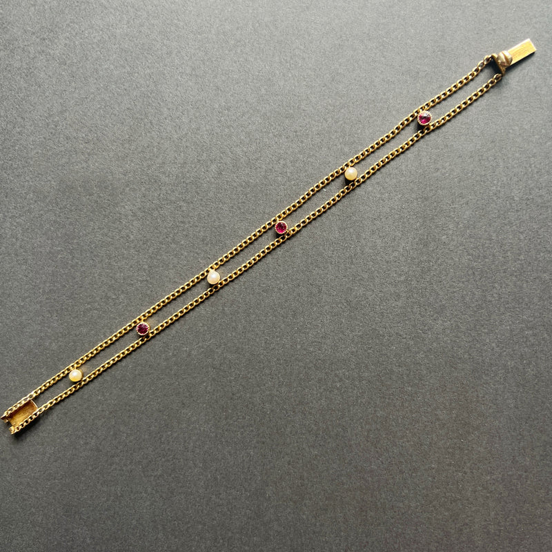 Victorian era 18K gold ruby pearl link bracelet