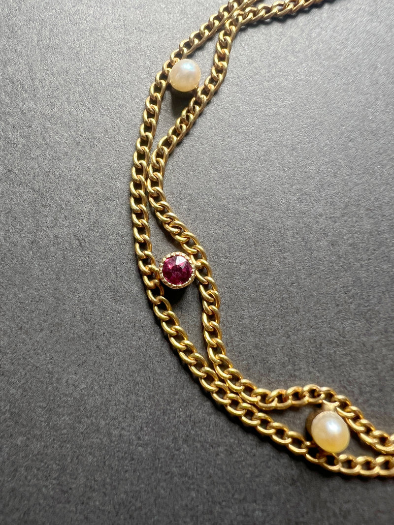 Victorian era 18K gold ruby pearl link bracelet