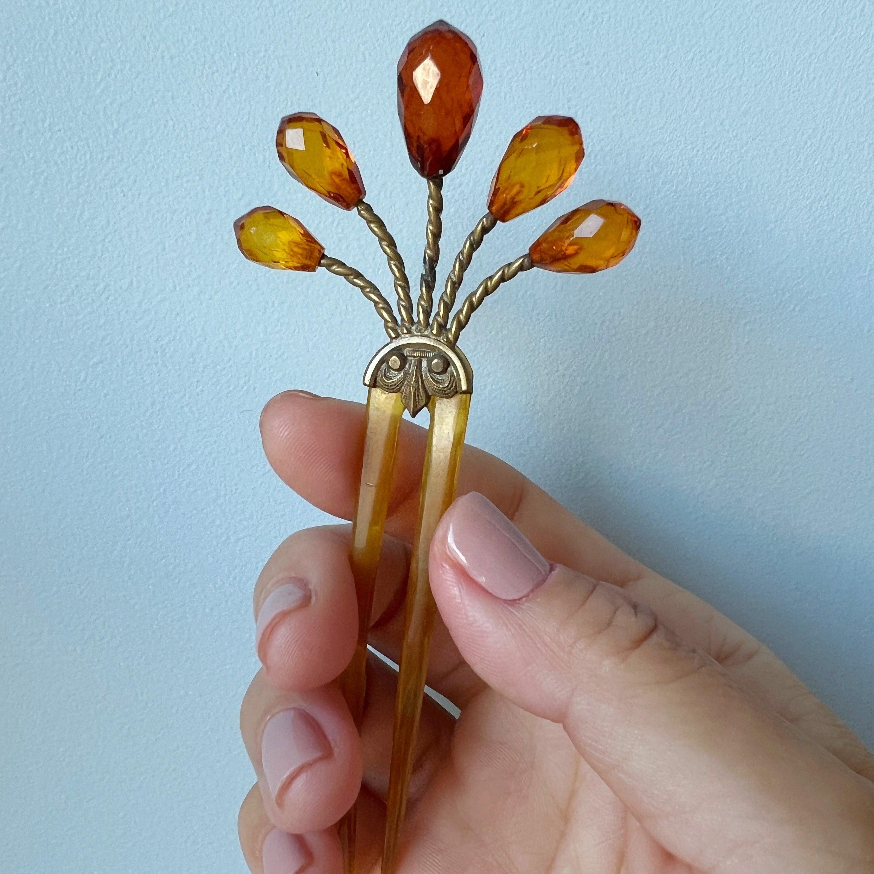 Antique floral yellow briolette beads hair comb pin - Curiously timeless