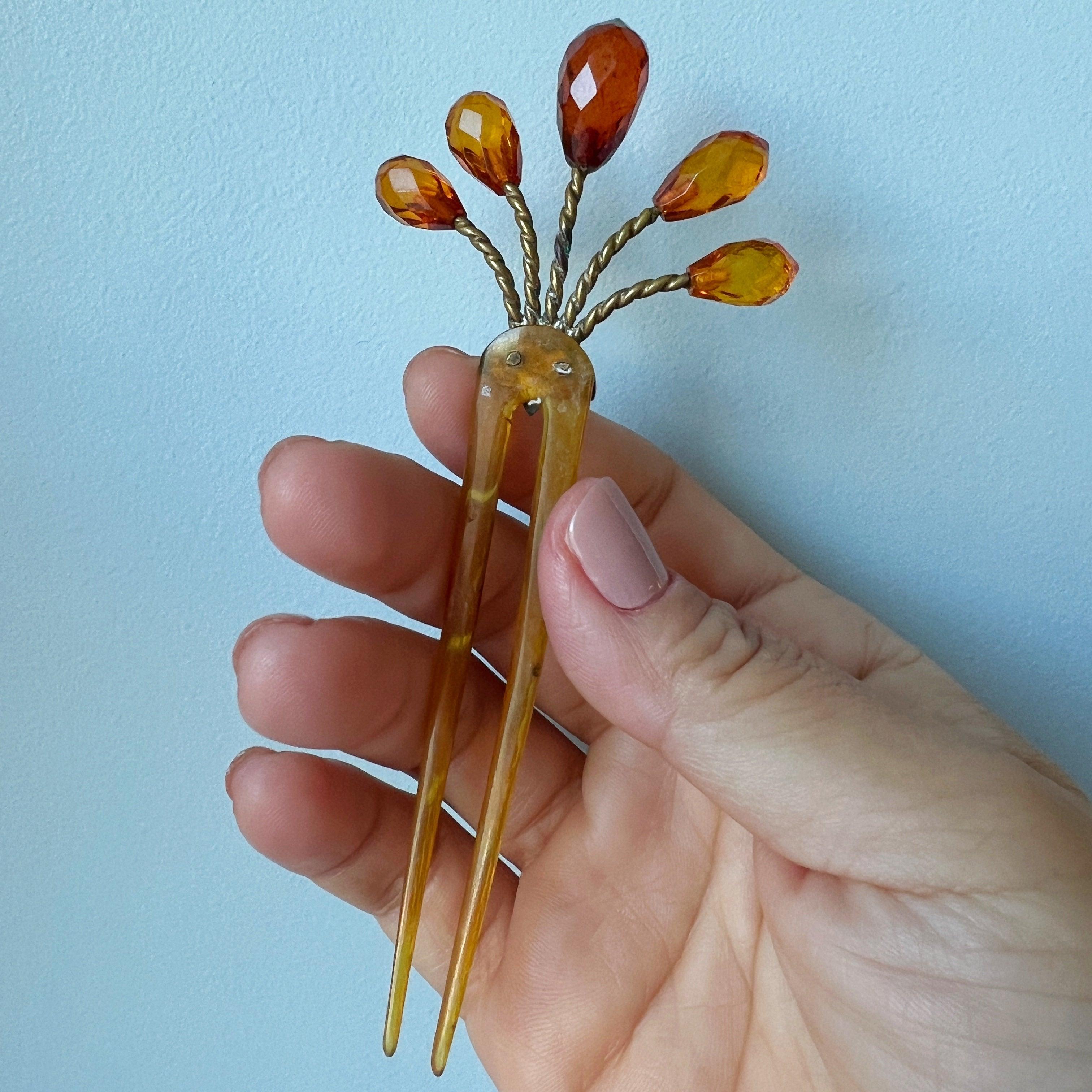 Antique floral yellow briolette beads hair comb pin - Curiously timeless