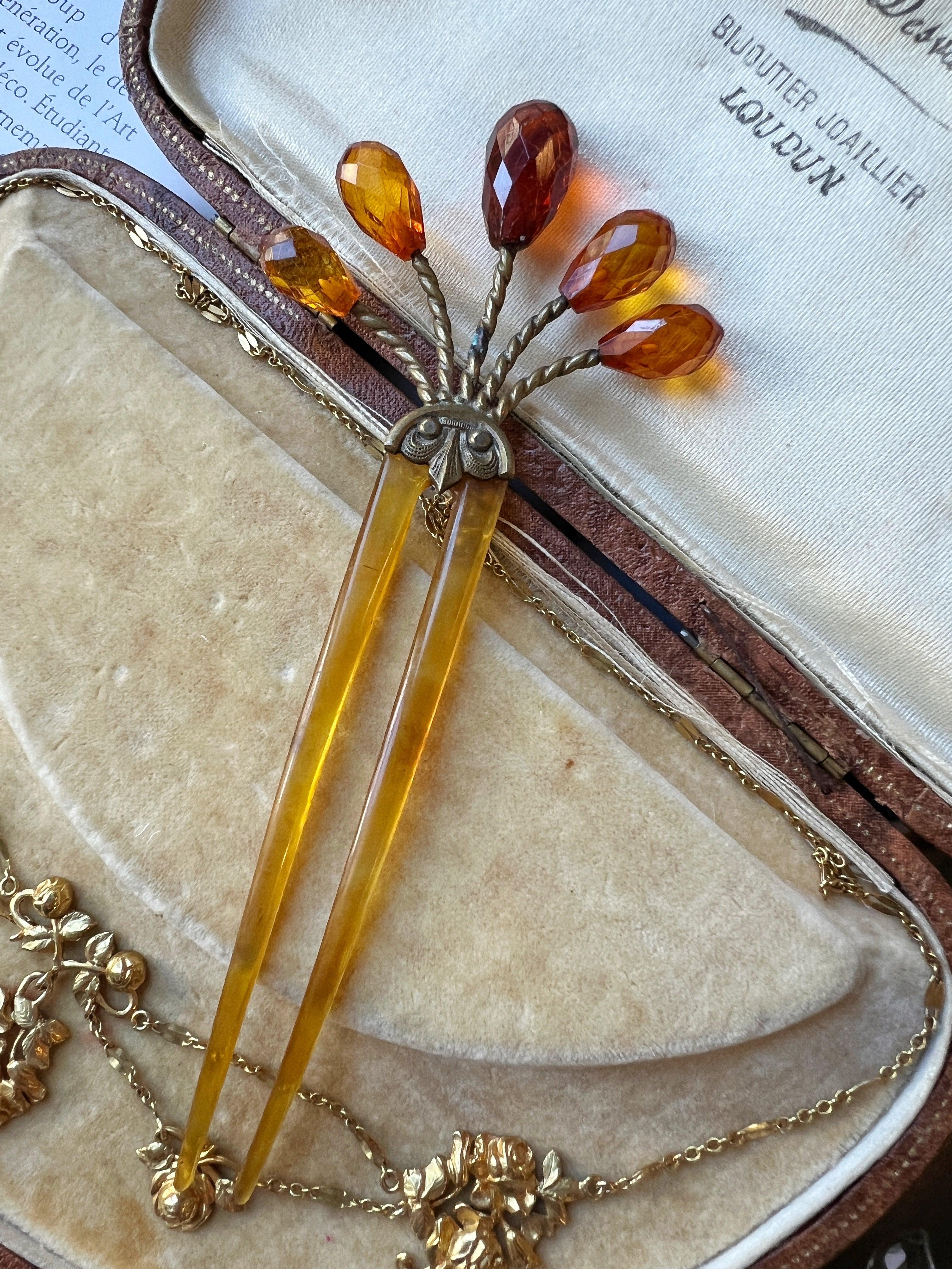 Antique floral yellow briolette beads hair comb pin - Curiously timeless