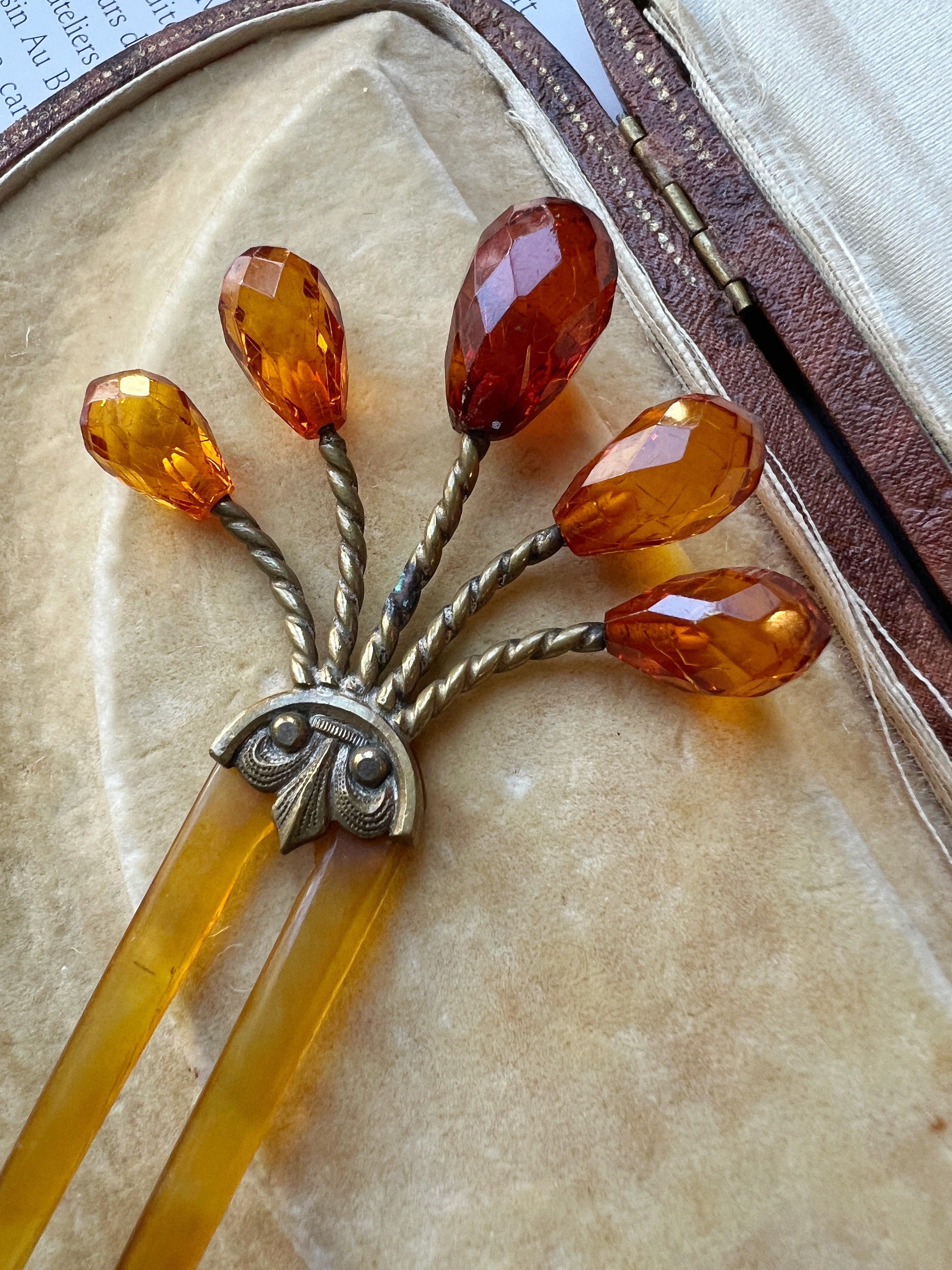 Antique floral yellow briolette beads hair comb pin - Curiously timeless