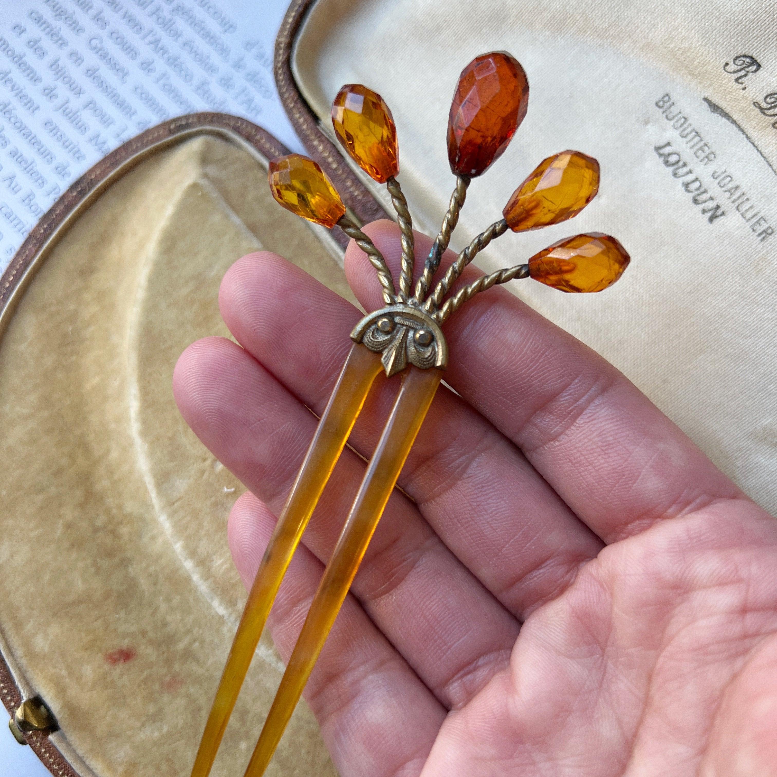 Antique floral yellow briolette beads hair comb pin - Curiously timeless