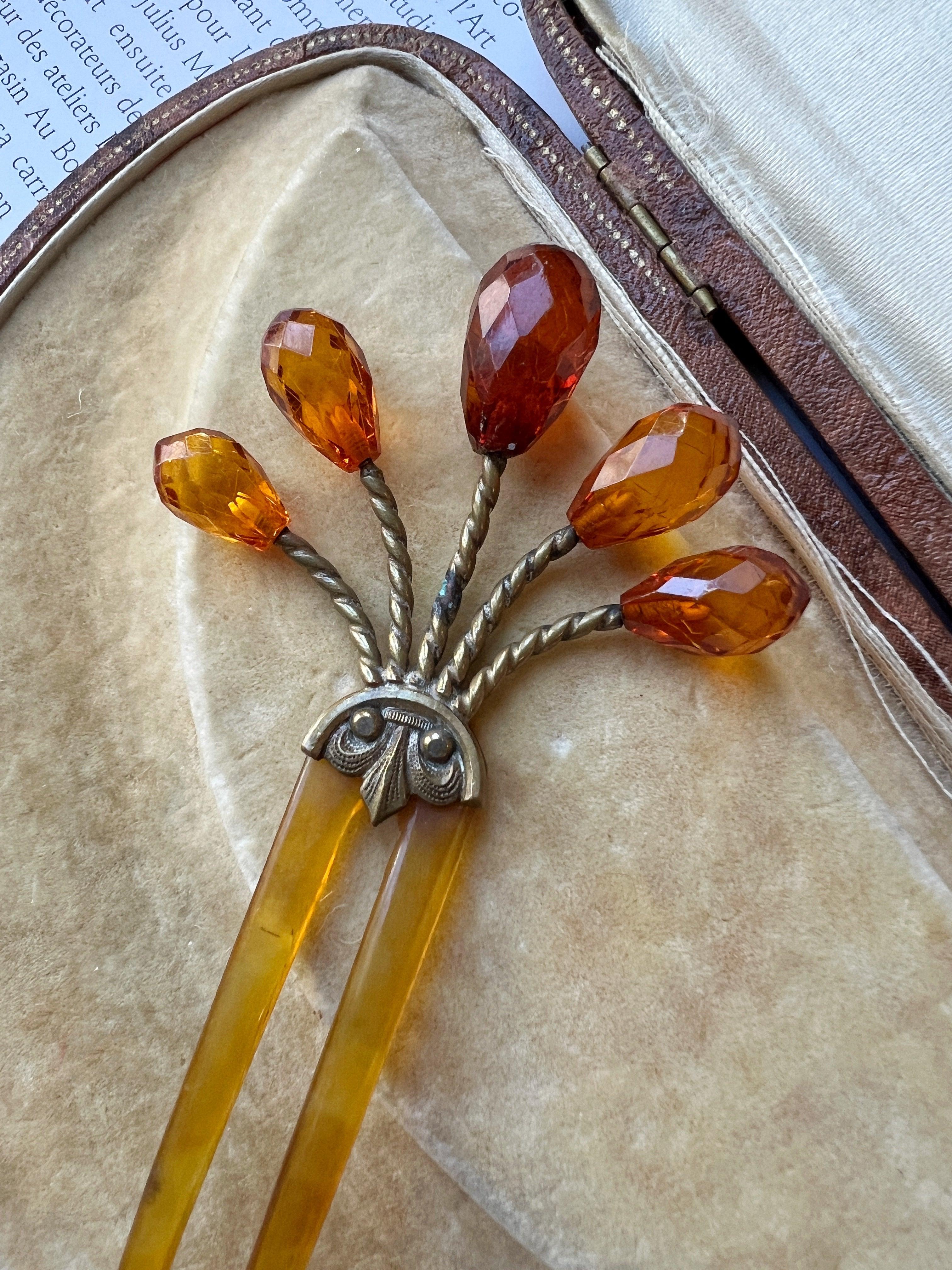 Antique floral yellow briolette beads hair comb pin - Curiously timeless