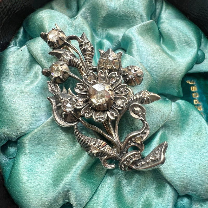 Rose cut diamond flower brooch