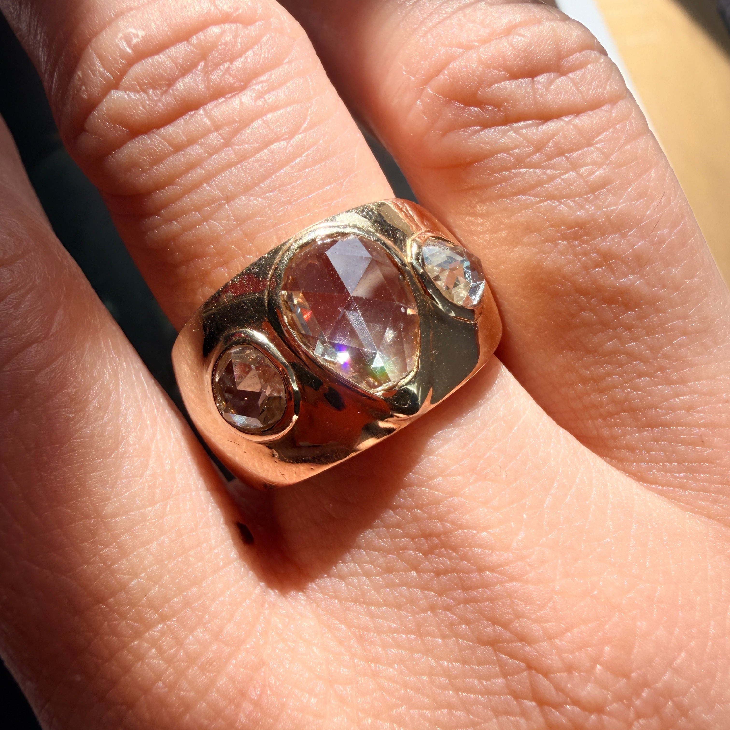 French 18K gold rose cut diamond bandeau ring