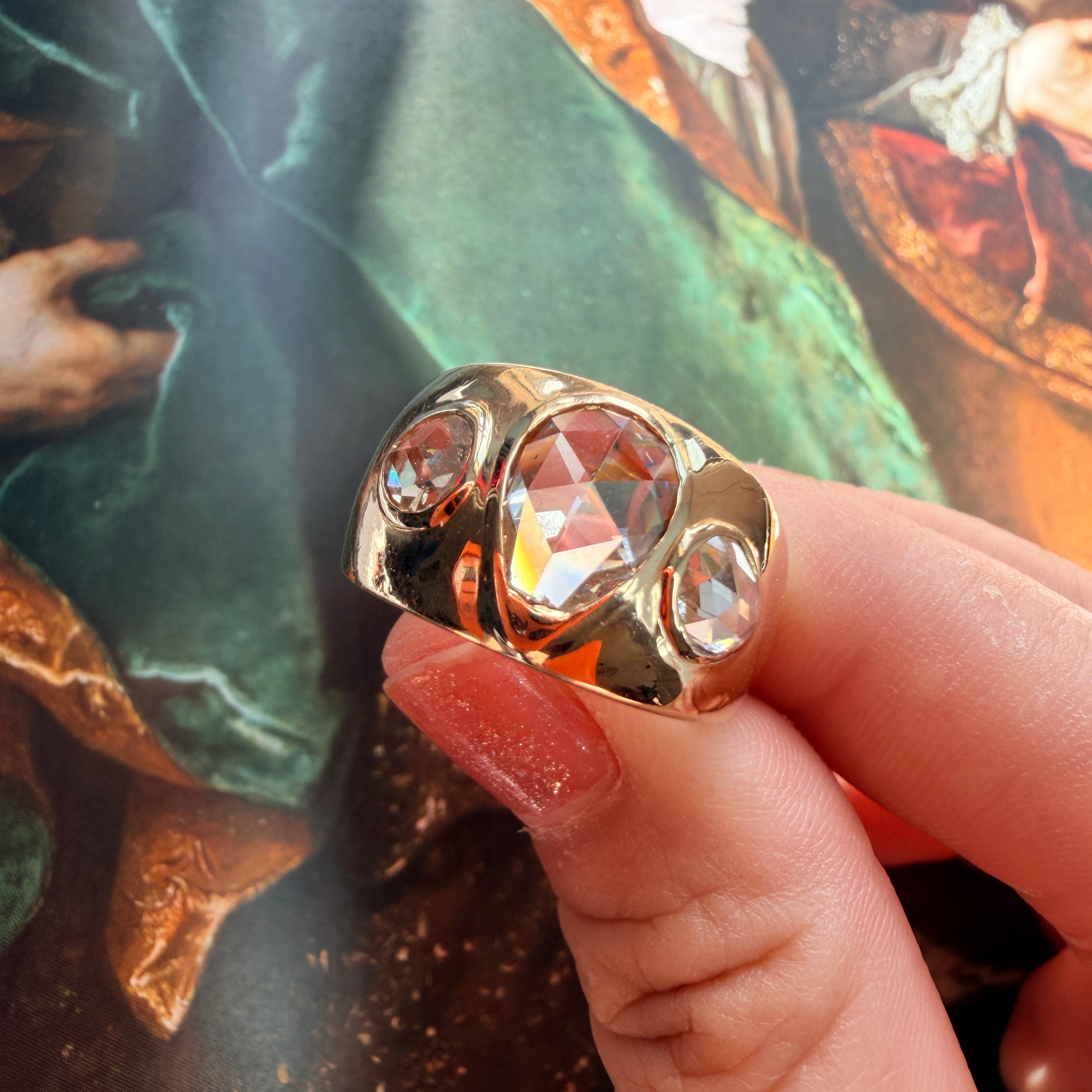 French 18K gold rose cut diamond bandeau ring