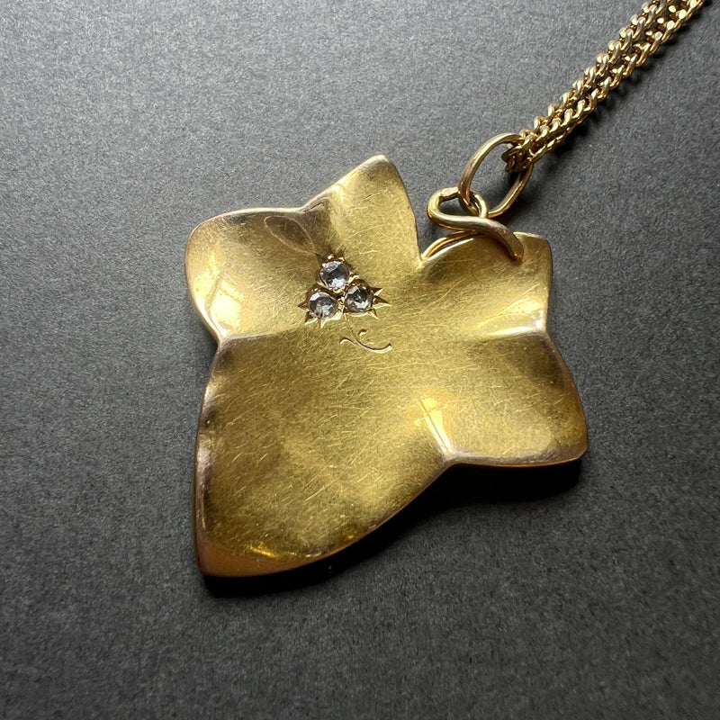 Large Art Nouveau 18K gold ivy leaf diamond clover pendant