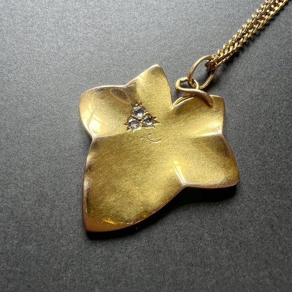 Large Art Nouveau 18K gold ivy leaf diamond clover pendant