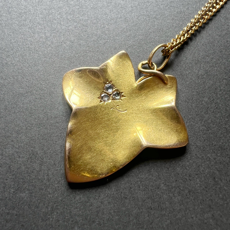 Large Art Nouveau 18K gold ivy leaf diamond clover pendant