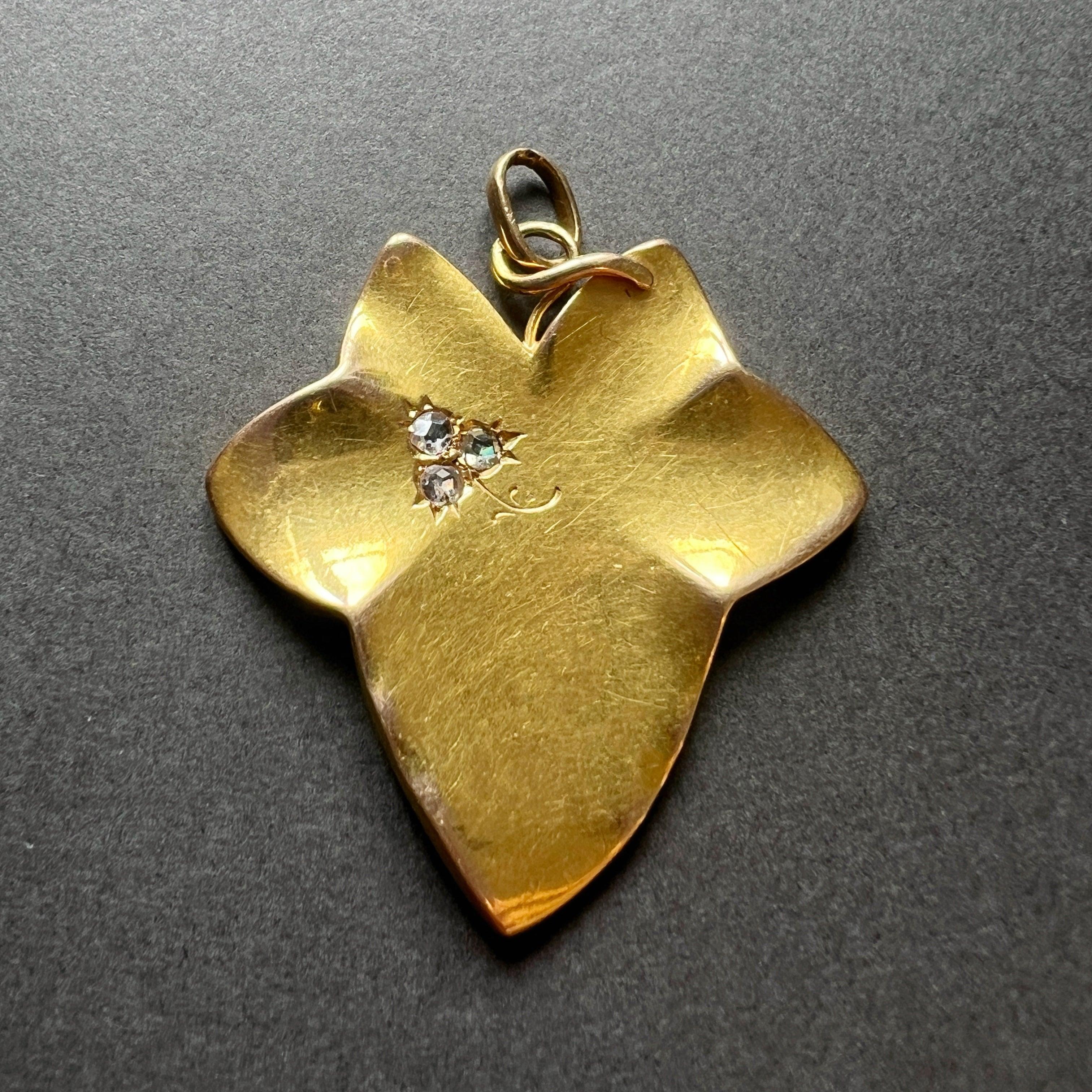 Large Art Nouveau 18K gold ivy leaf diamond clover pendant - Curiously timeless