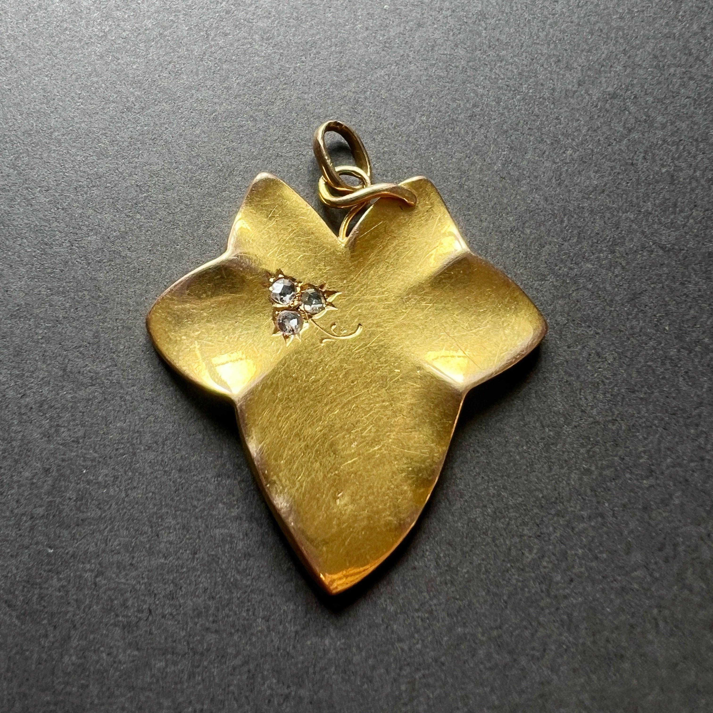 Large Art Nouveau 18K gold ivy leaf diamond clover pendant - Curiously timeless