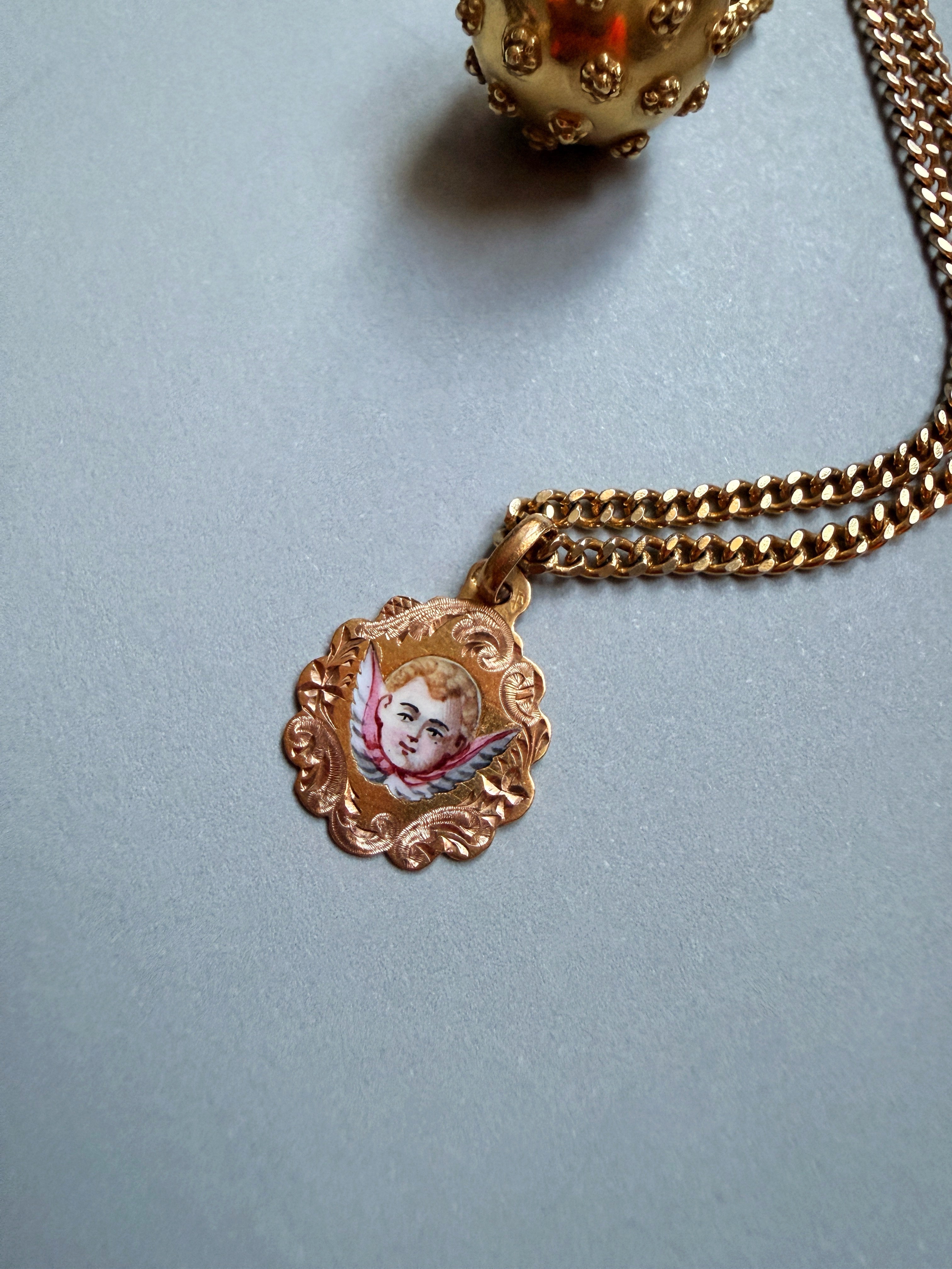 Victorian era 18K gold enameled angel cherub medal pendant