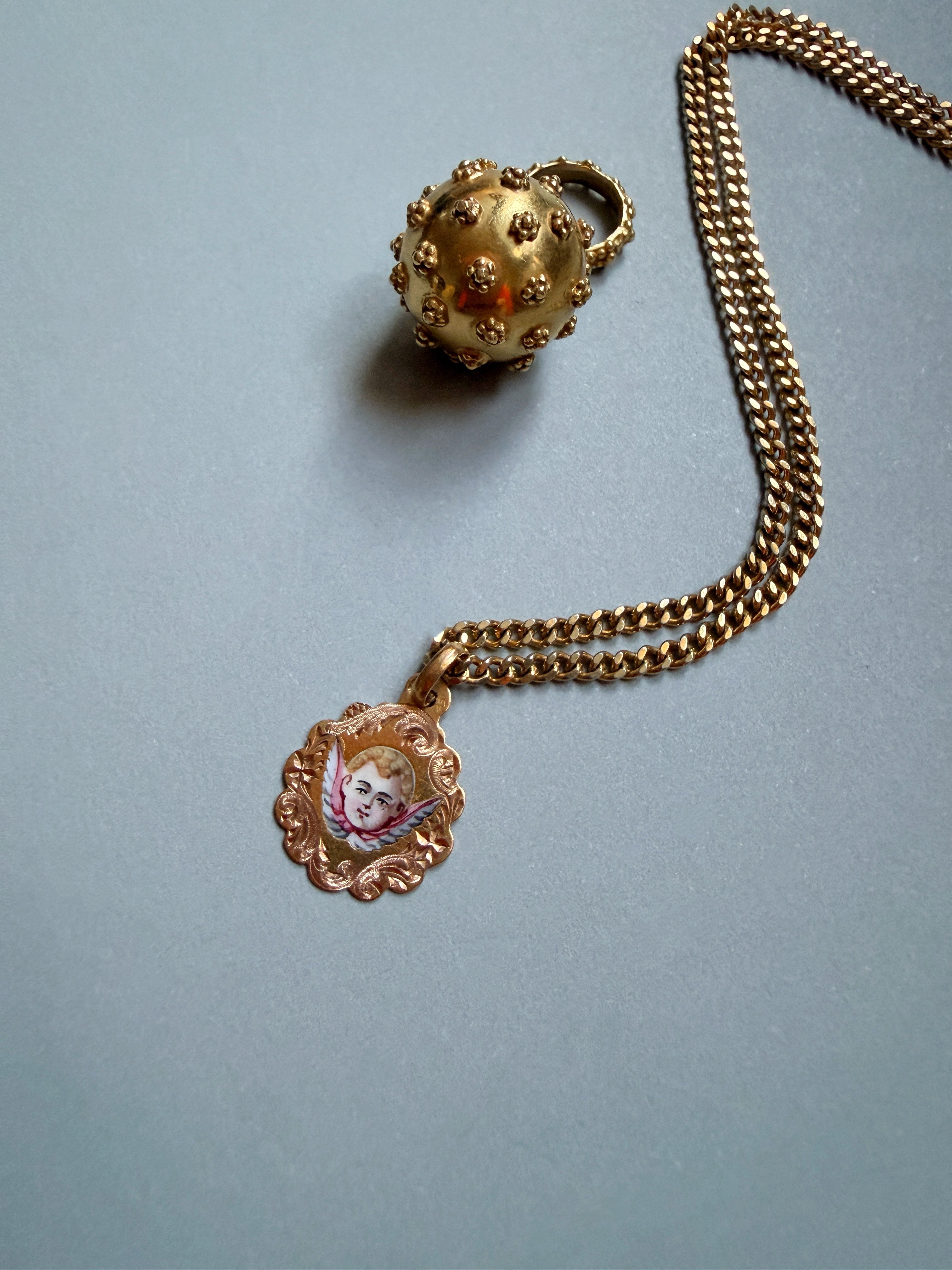 Victorian era 18K gold enameled angel cherub medal pendant