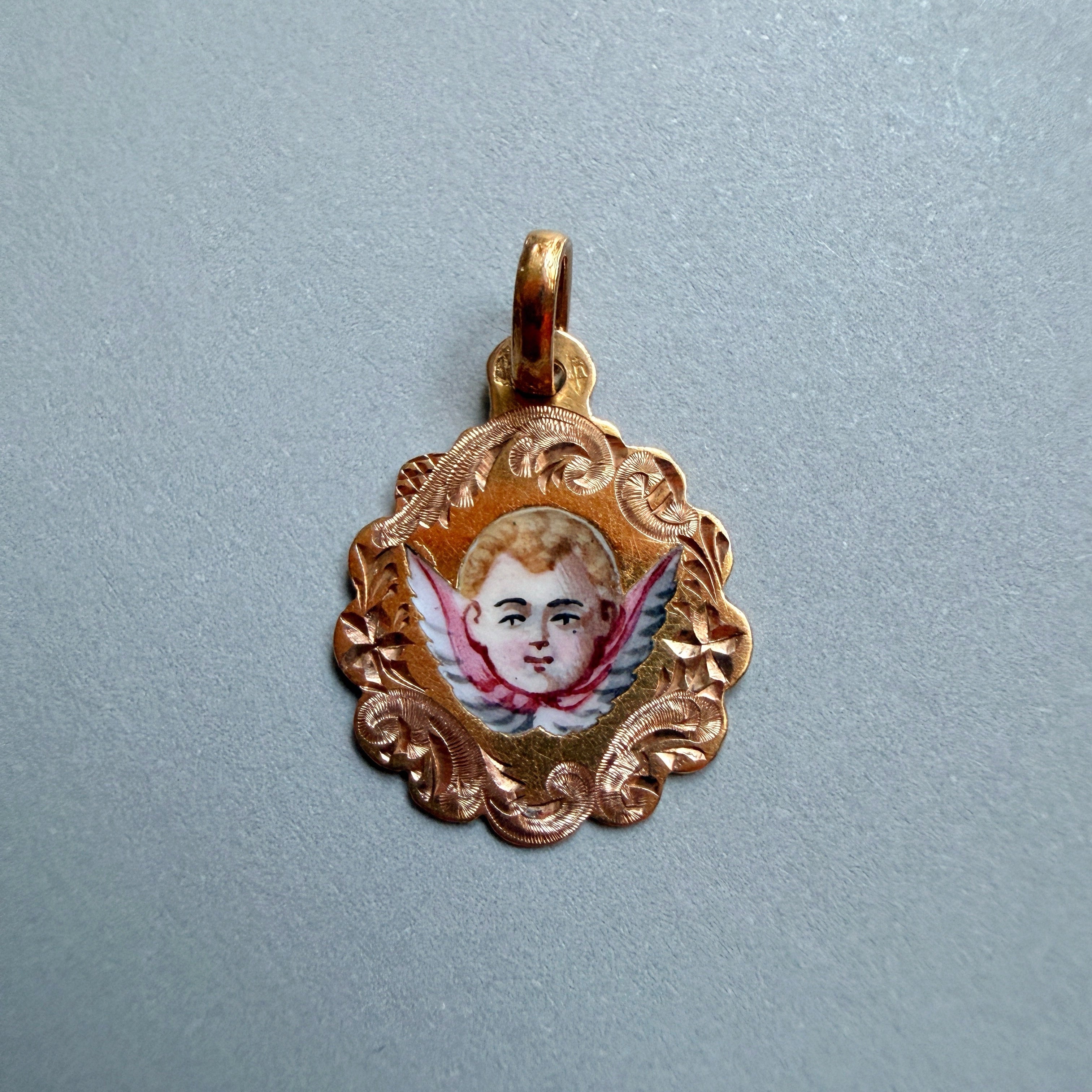 Victorian era 18K gold enameled angel cherub medal pendant