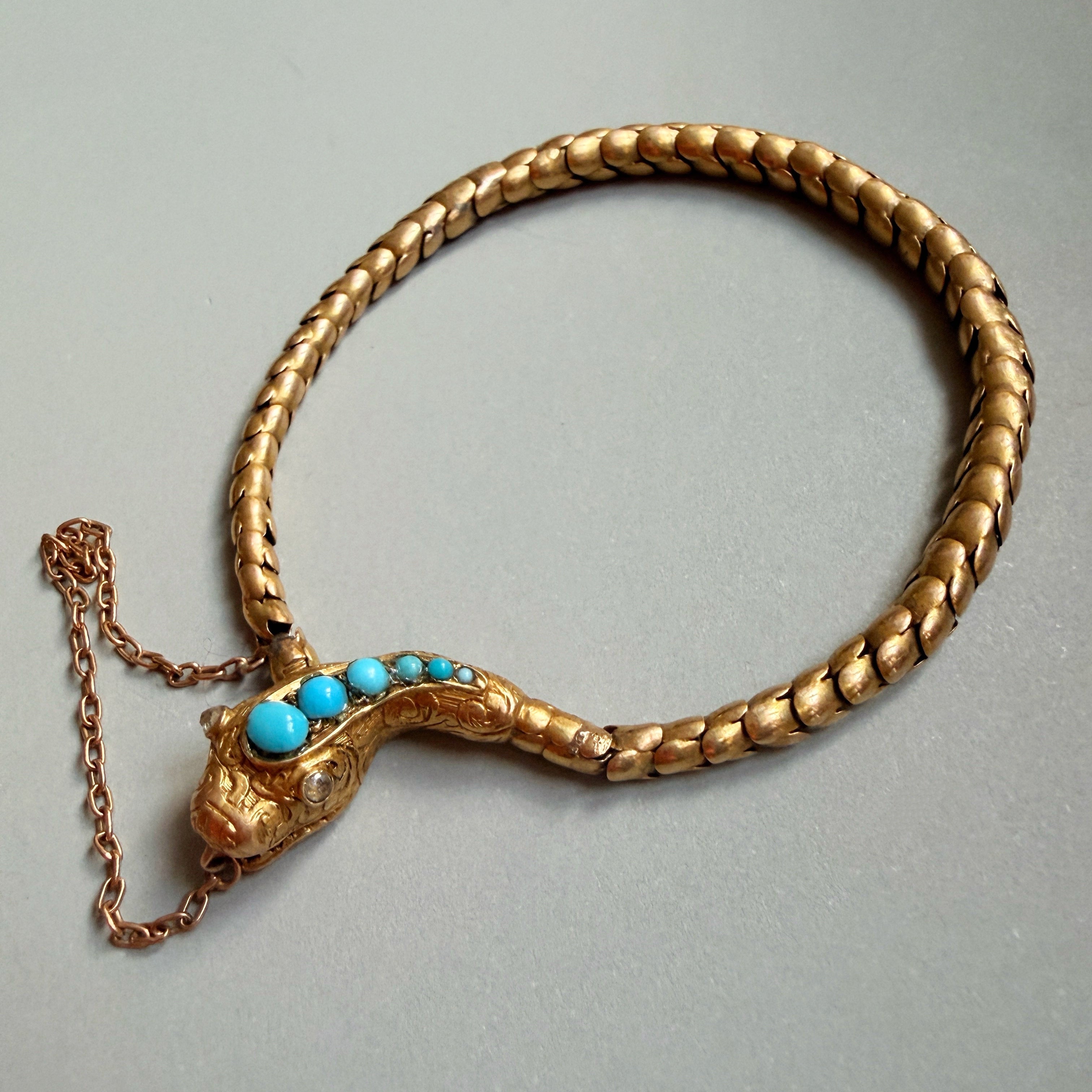 Victorian era 14k yellow gold turquoise diamond snake bracelet