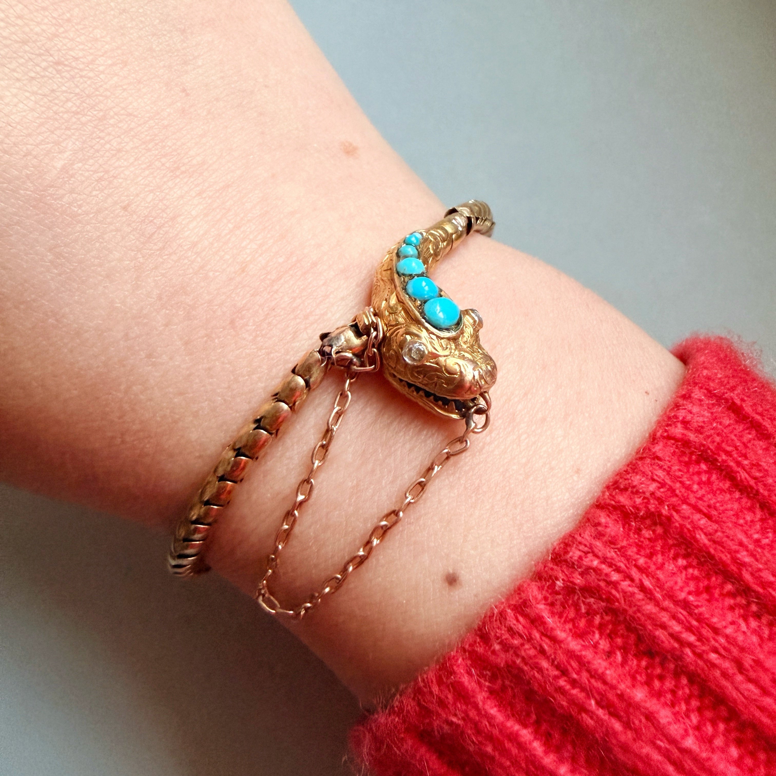 Victorian era 14k yellow gold turquoise diamond snake bracelet