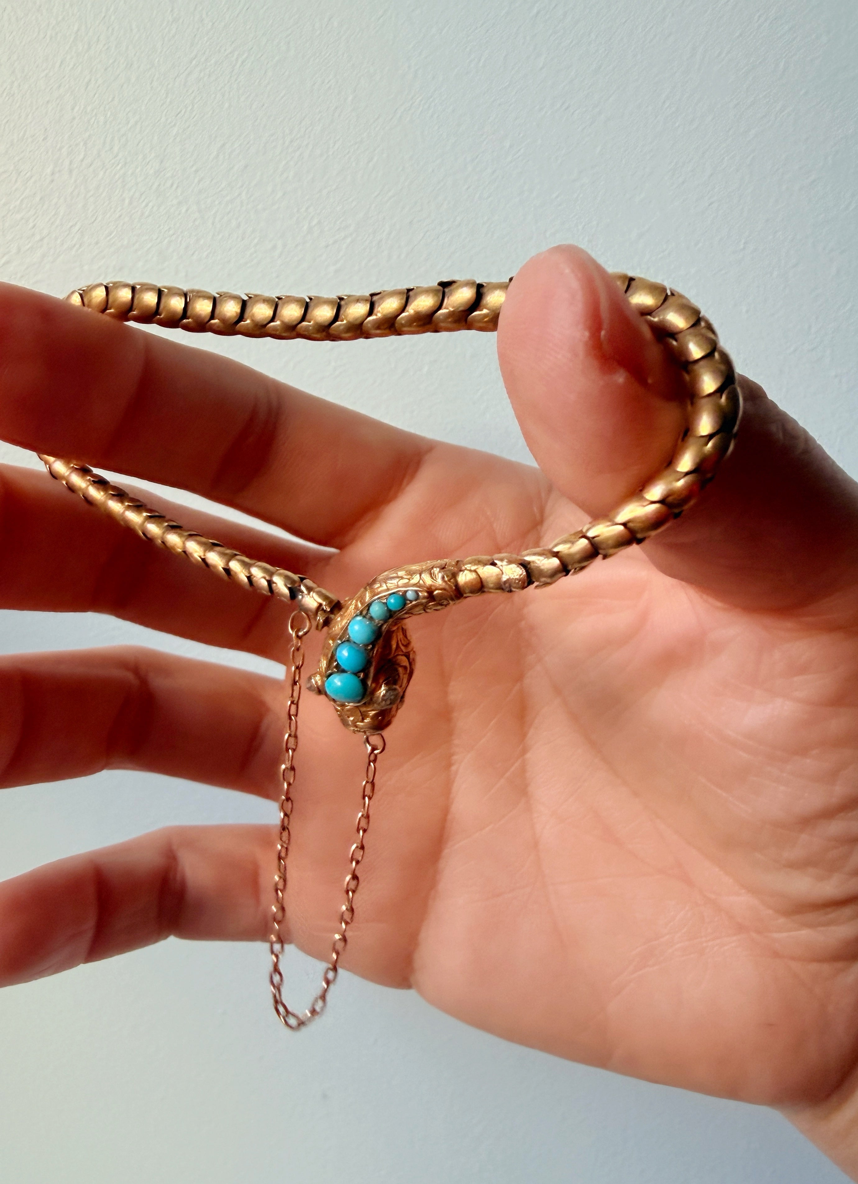 Victorian era 14k gold turquoise diamond snake bracelet