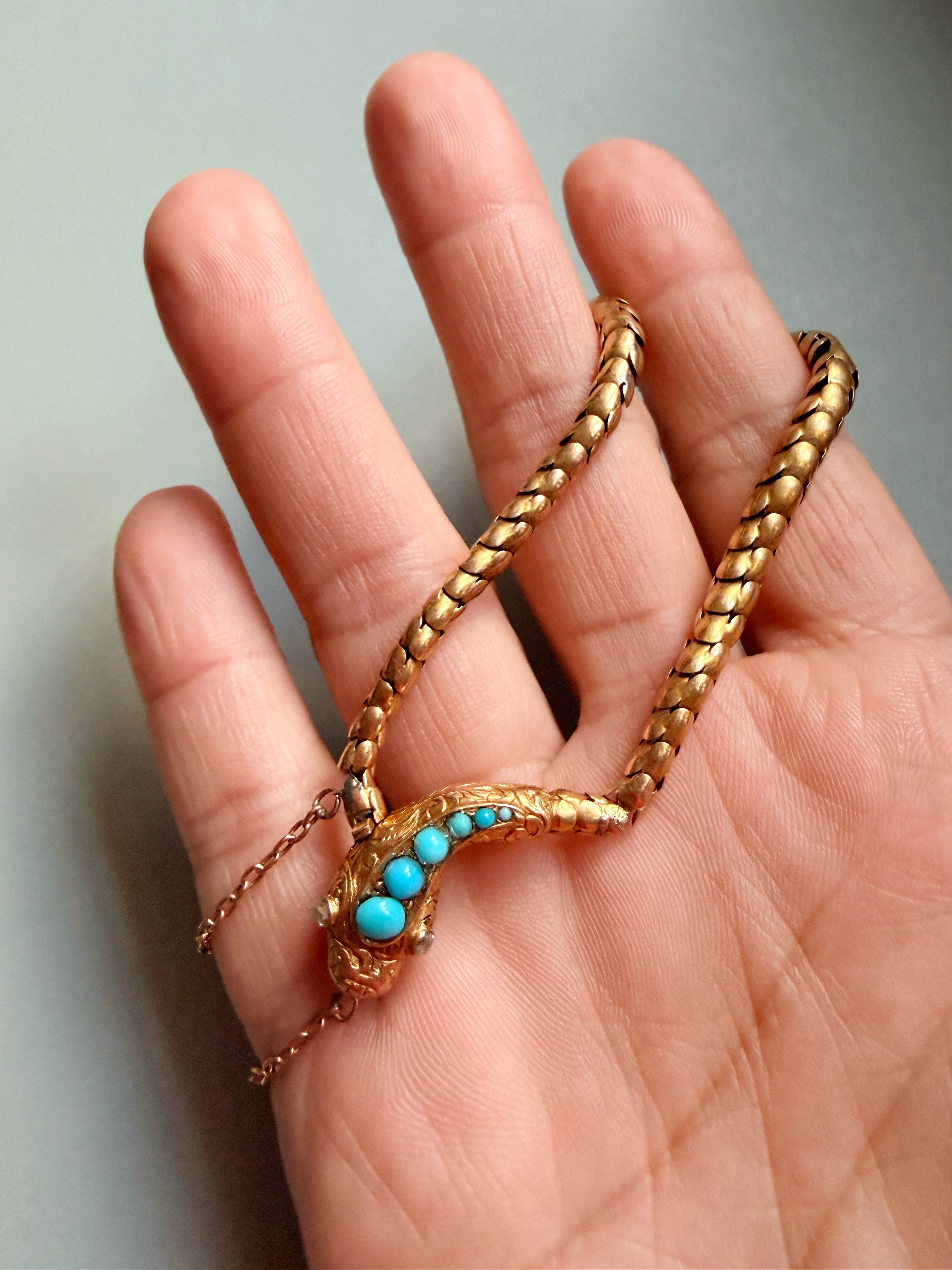 Victorian era 14k yellow gold turquoise diamond snake bracelet