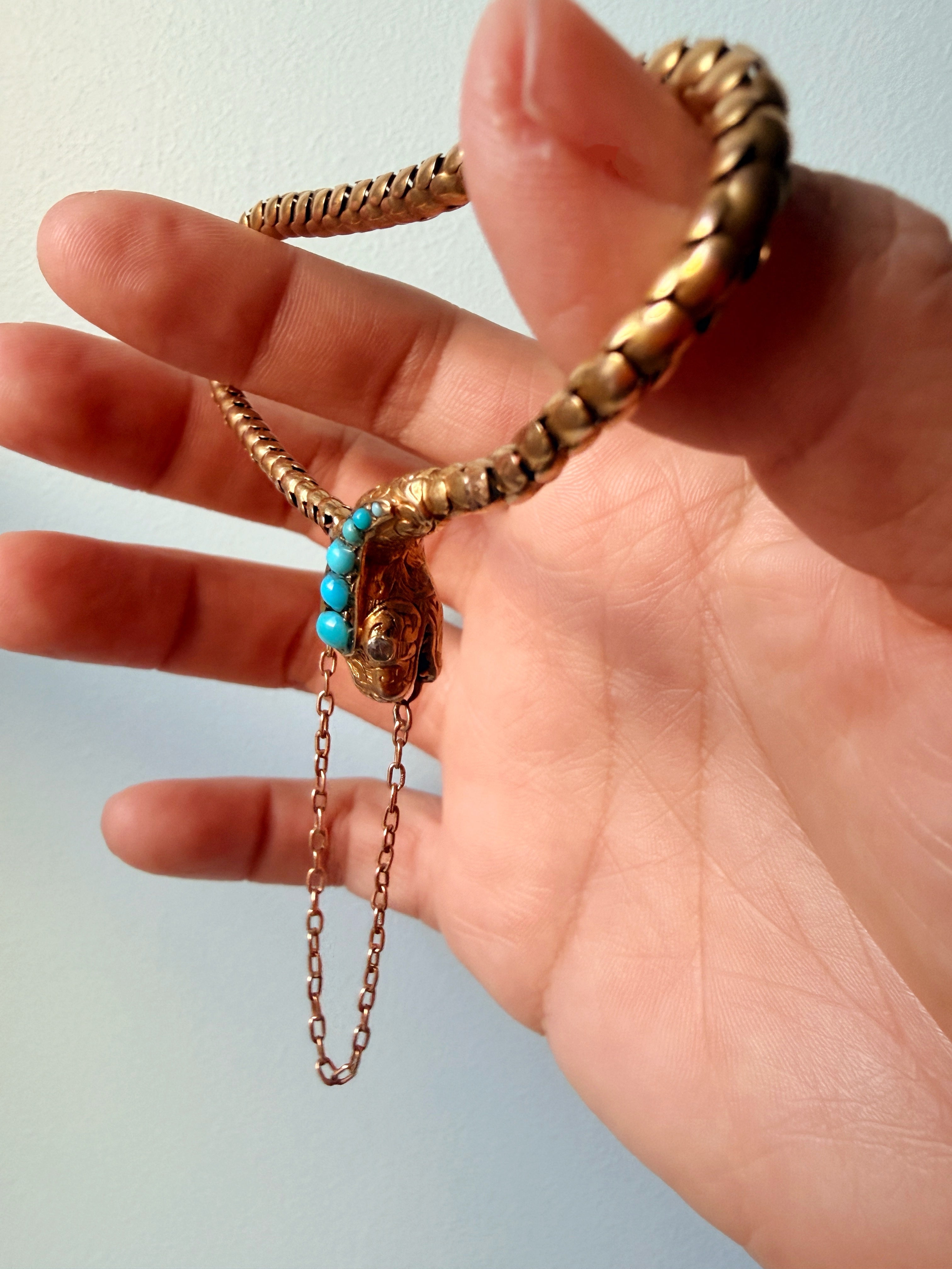 Victorian era 14k yellow gold turquoise diamond snake bracelet