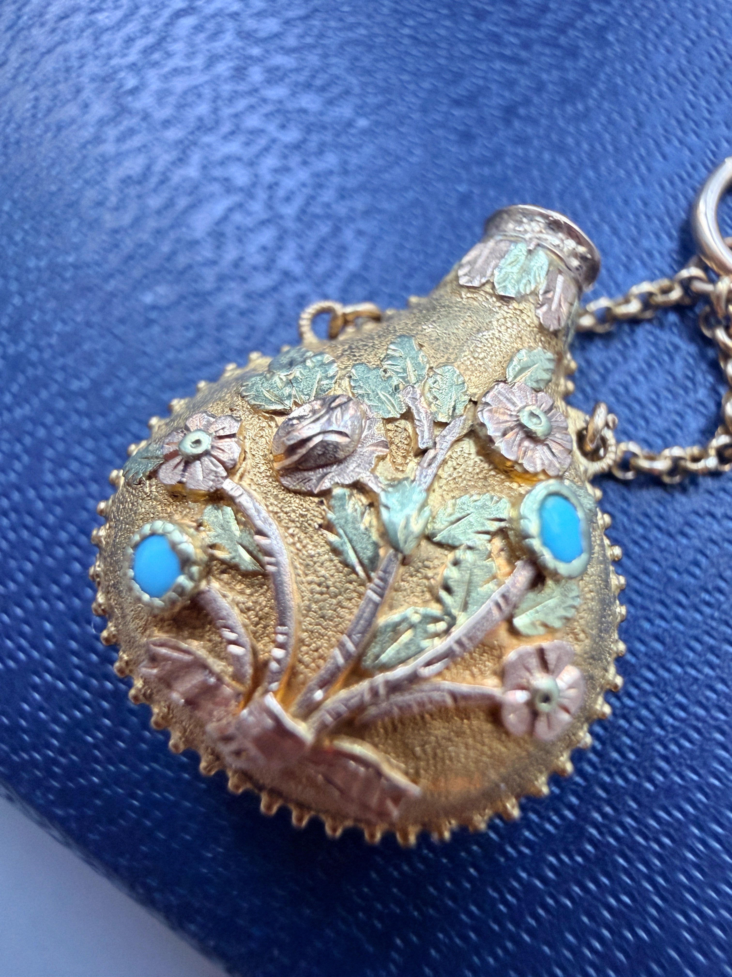 Antique 18K gold flower scent bottle pendant