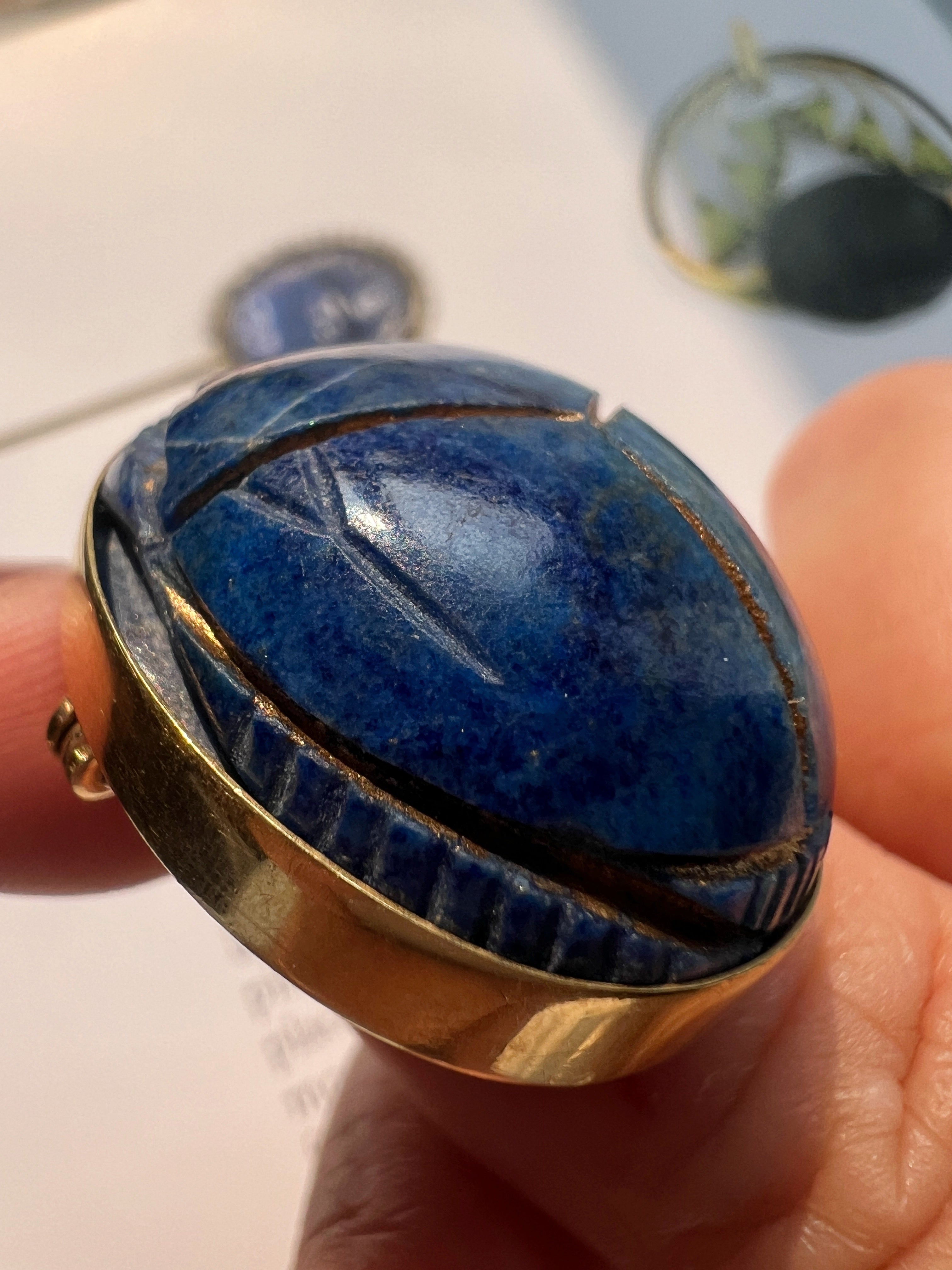 Art Deco 18K Gold Egyptian Revival Lapis Scarab Brooch
