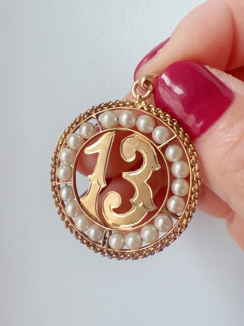 Vintage 18K gold 13 lucky charm medal pendant