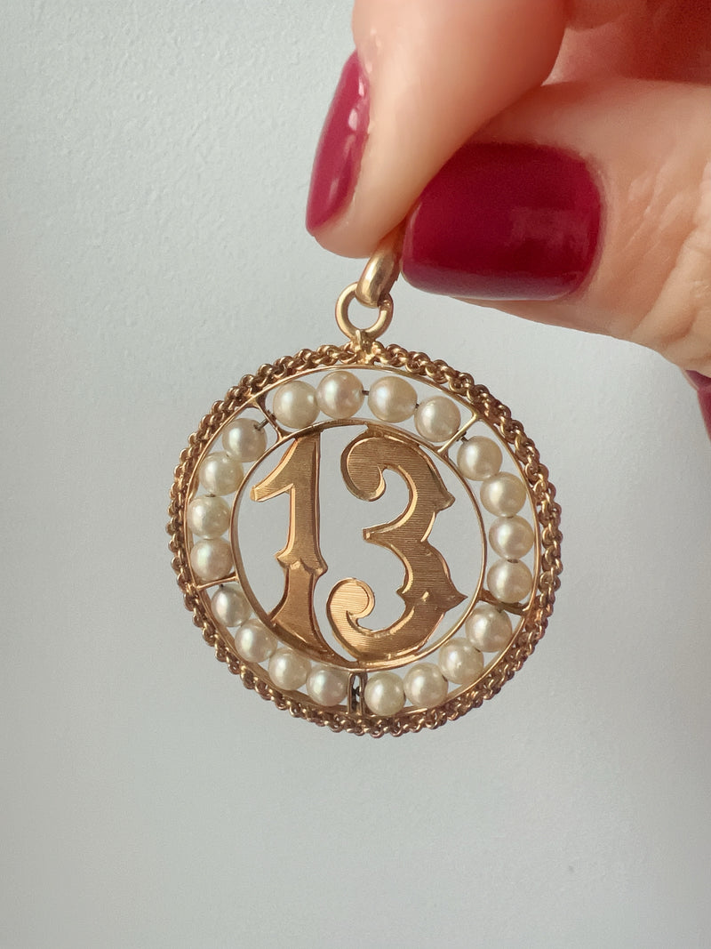 Large Vintage 18K gold pearl lucky 13 medal pendant