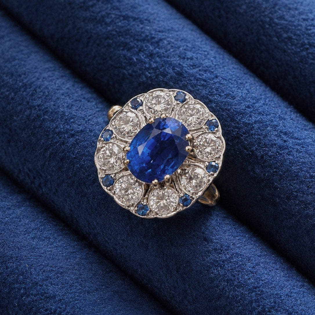 French Vintage 18K Gold Natural Sapphire & Diamond Floral Ring