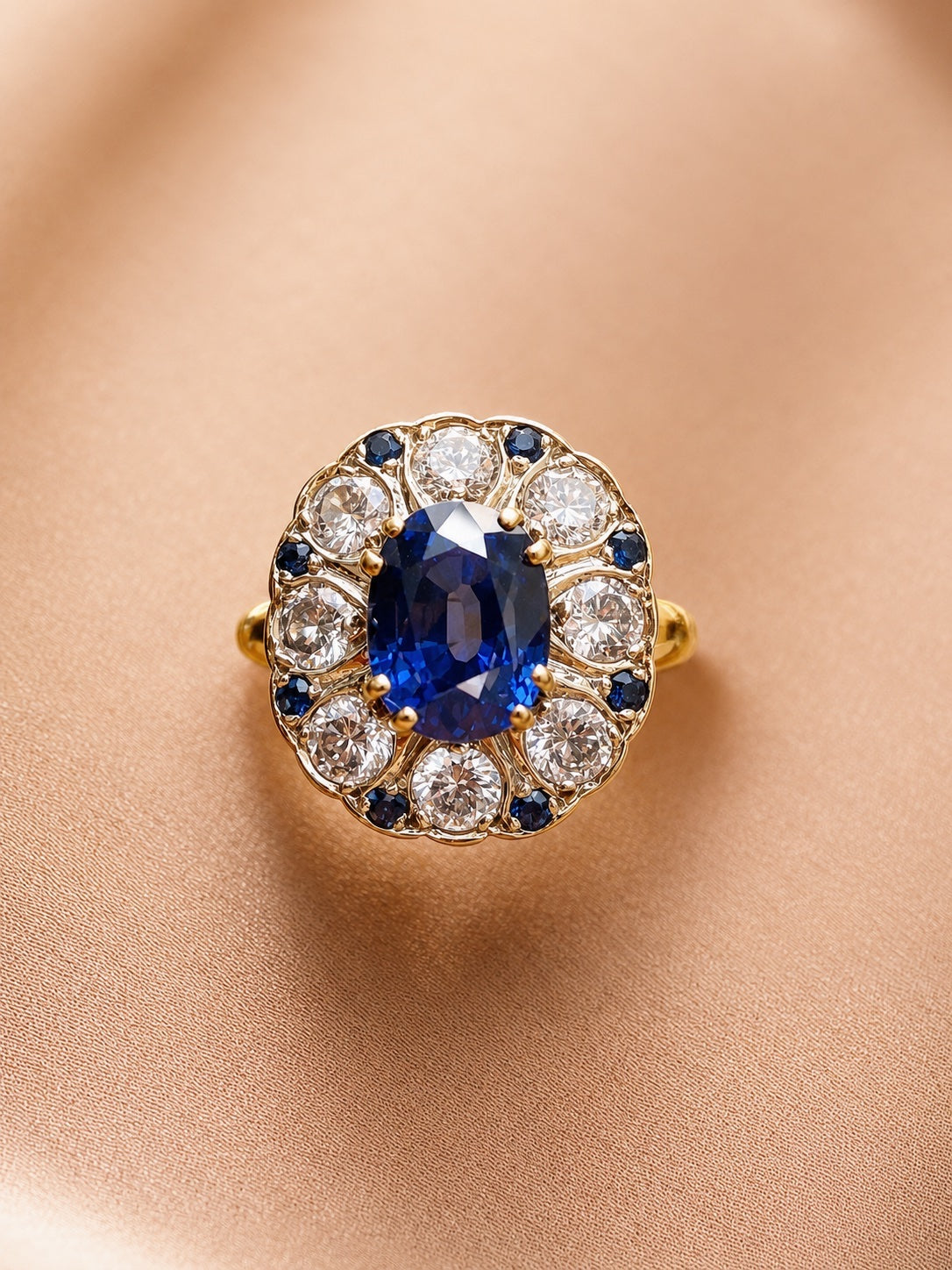 French Vintage 18K Gold Natural Sapphire & Diamond Floral Ring