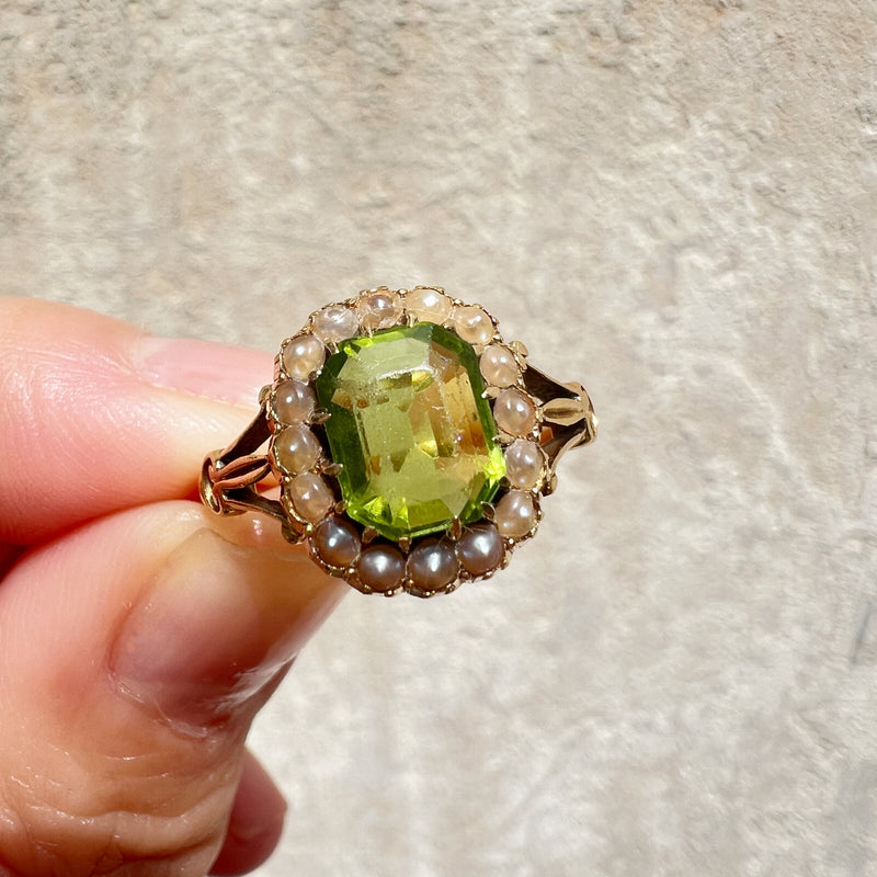 Victorian era 18K gold peridot seed pearl ring