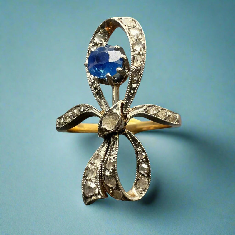 Edwardian 18K gold Blue sapphire diamond Bow Ring