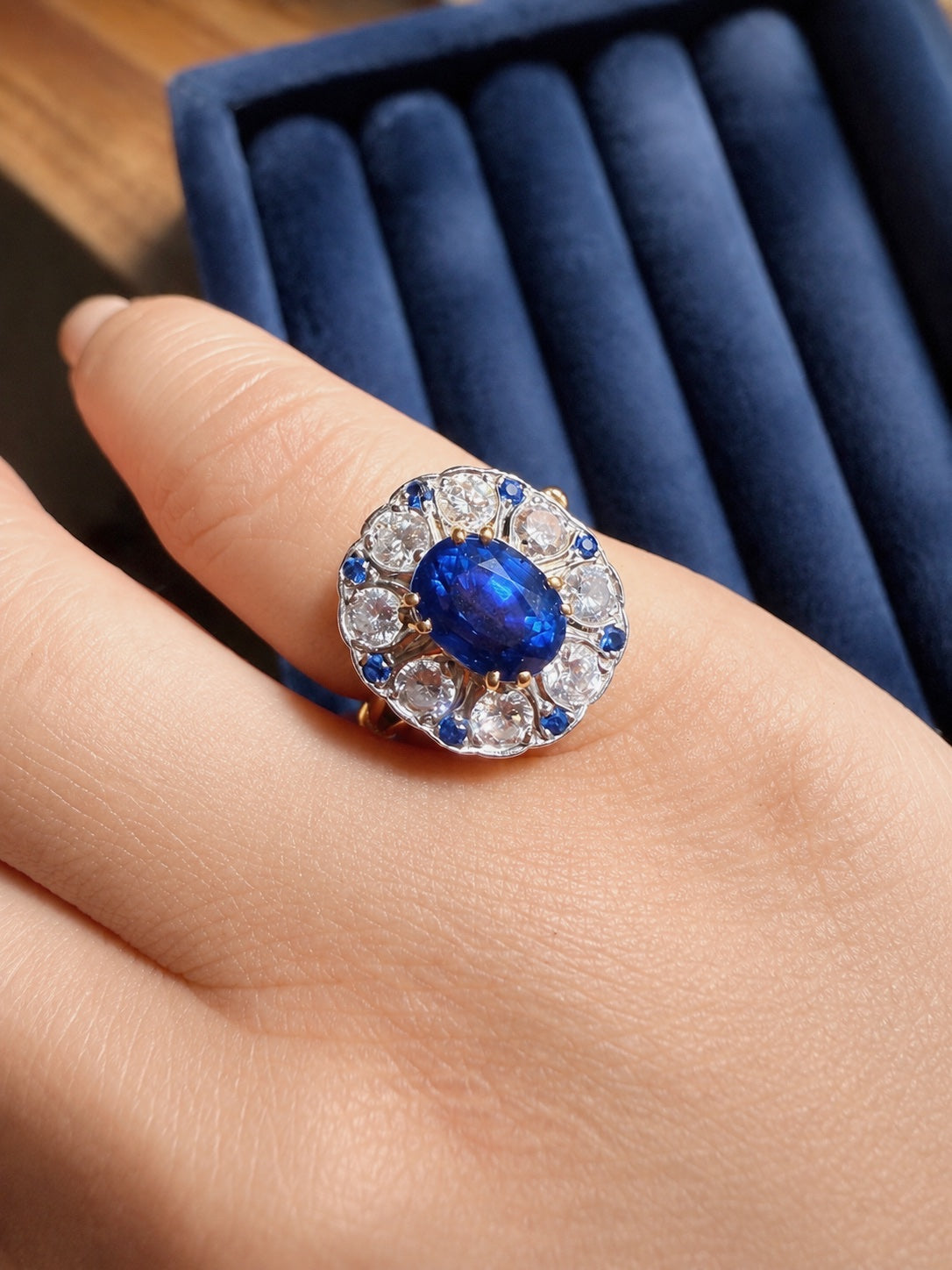 French Vintage 18K Gold Natural Sapphire & Diamond Floral Ring