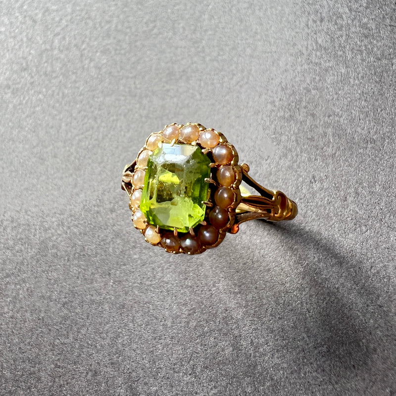 Victorian era 18K gold peridot seed pearl ring