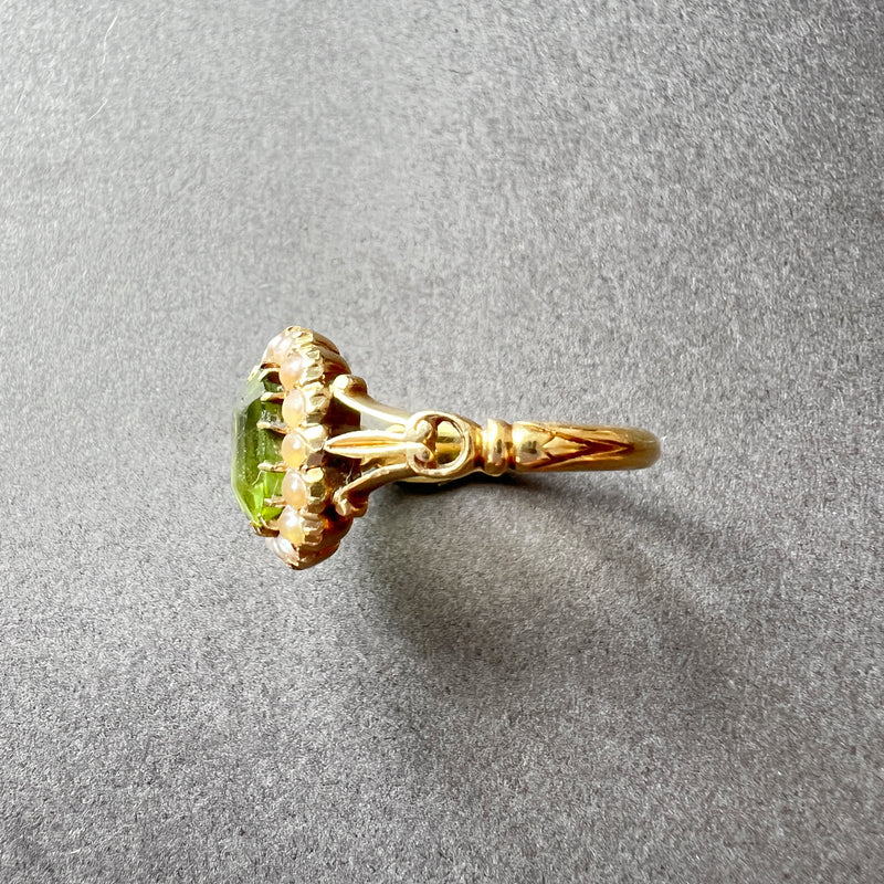 Victorian era 18K gold peridot seed pearl ring