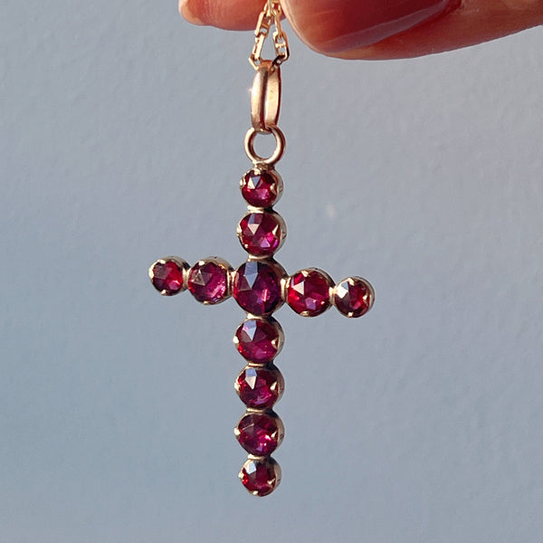 Antique 18K gold Perpignan garnet cross pendant